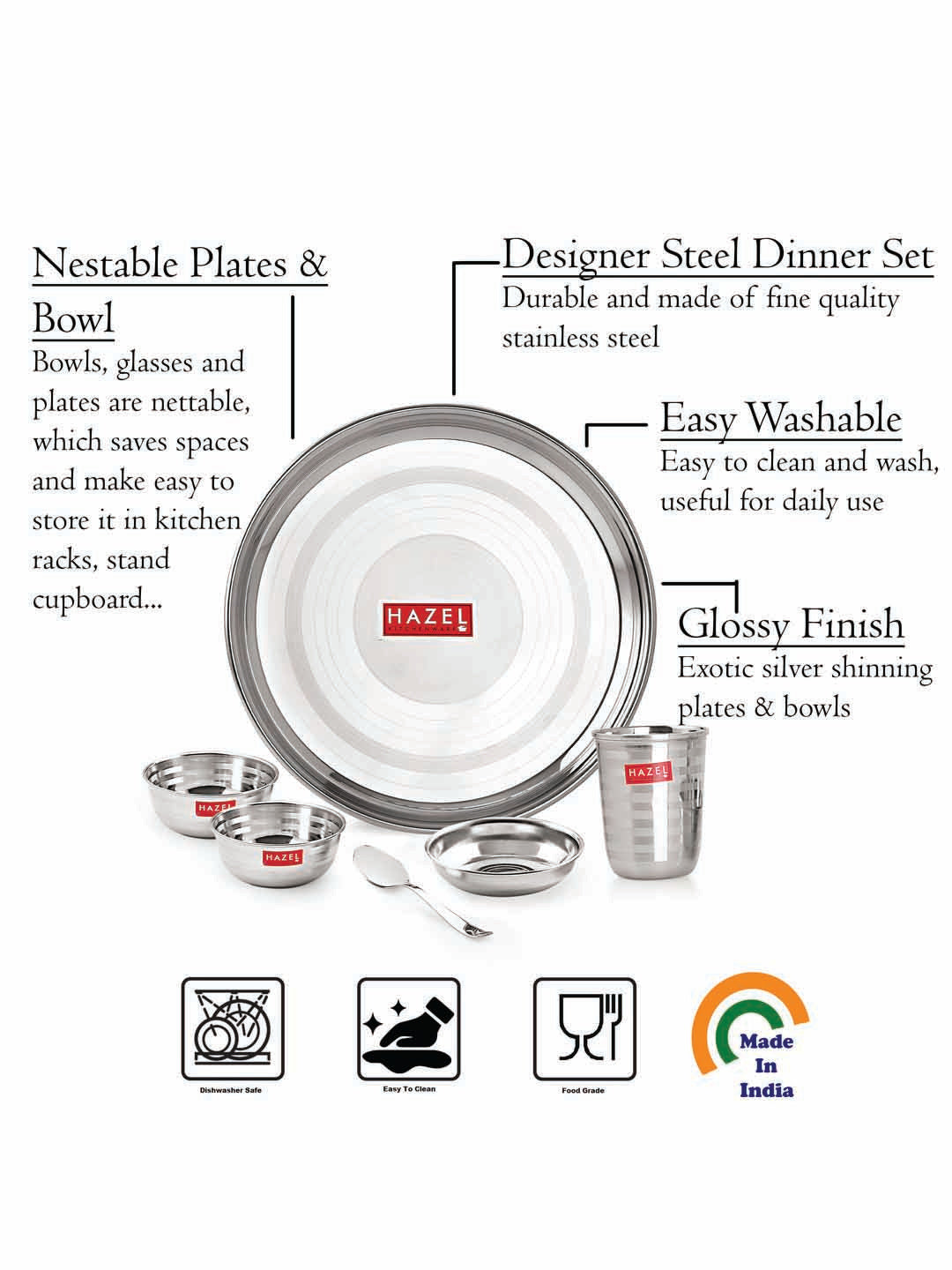 Stainless Steel Dinner Set Of 18, (3 Steel Plate, 6 Bowl, 3 Spoon Set, 3 Dessert Plate, 3 Steel Glass)