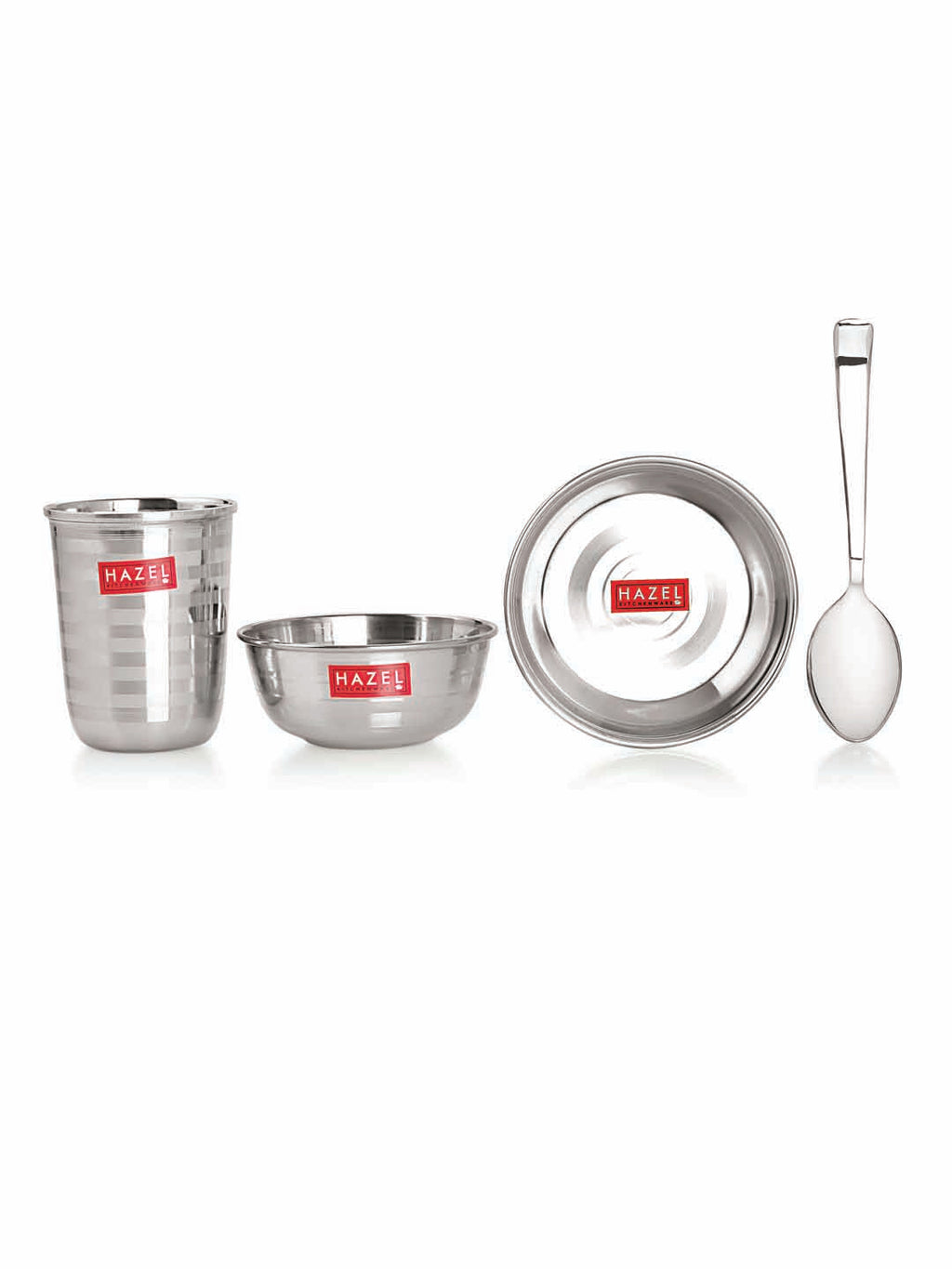 Stainless Steel Dinner Set Of 18, (3 Steel Plate, 6 Bowl, 3 Spoon Set, 3 Dessert Plate, 3 Steel Glass)