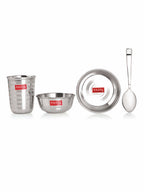 Stainless Steel Dinner Set Of 18, (3 Steel Plate, 6 Bowl, 3 Spoon Set, 3 Dessert Plate, 3 Steel Glass)