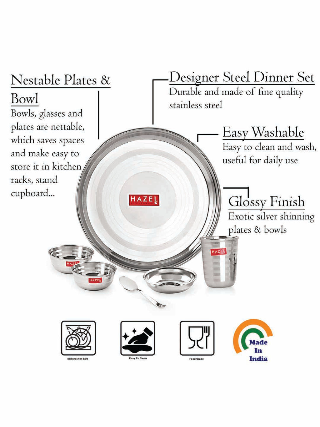 Stainless Steel Dinner Set 24 Pcs, Plates, Bowls, Spoons & Glasses