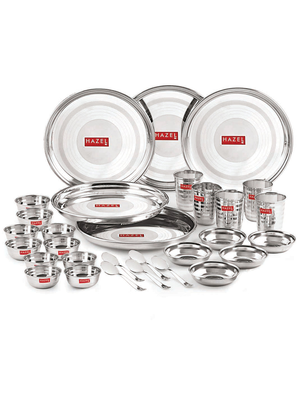 Stainless Steel Dinner Set 30 Pcs, Thali Set with Plates, Bowls & Glasses