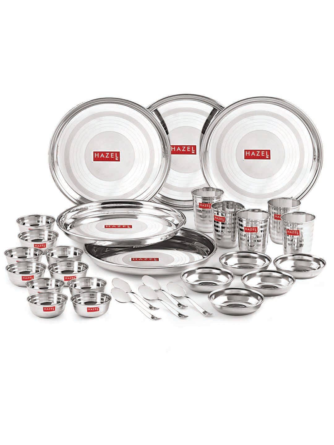 Stainless Steel Dinner Set 30 Pcs, Thali Set with Plates, Bowls & Glasses