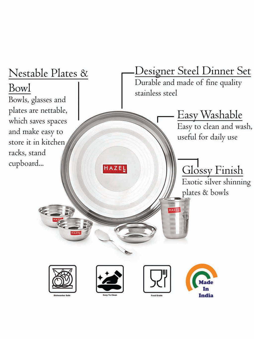 Stainless Steel Dinner Set 30 Pcs, Thali Set with Plates, Bowls & Glasses
