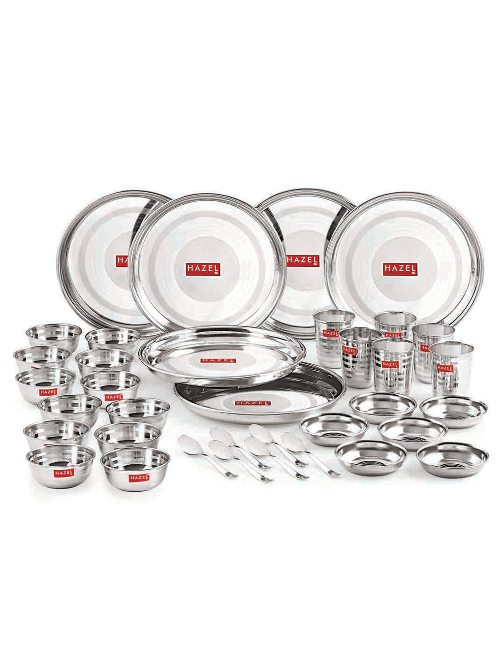 Stainless Steel Dinner Set Of 36(6 Steel Plate, 12 Serving Bowl, 6 Spoon Set, 6 Dessert Plate, 6 Steel Glass)
