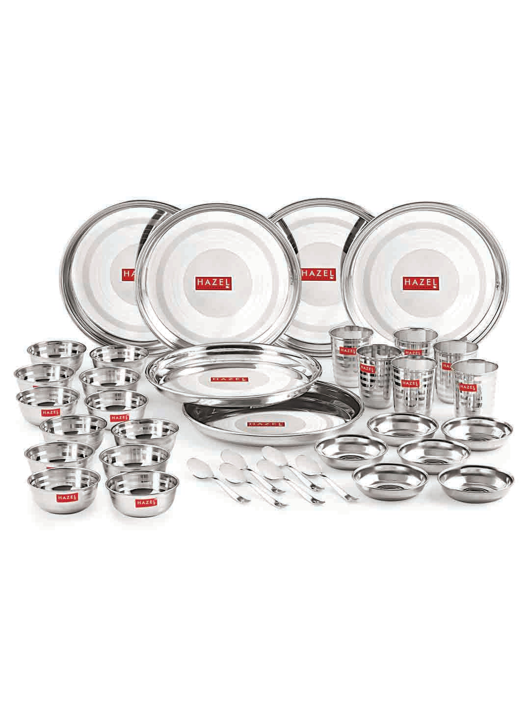 Stainless Steel Dinner Set Of 36(6 Steel Plate, 12 Serving Bowl, 6 Spoon Set, 6 Dessert Plate, 6 Steel Glass)