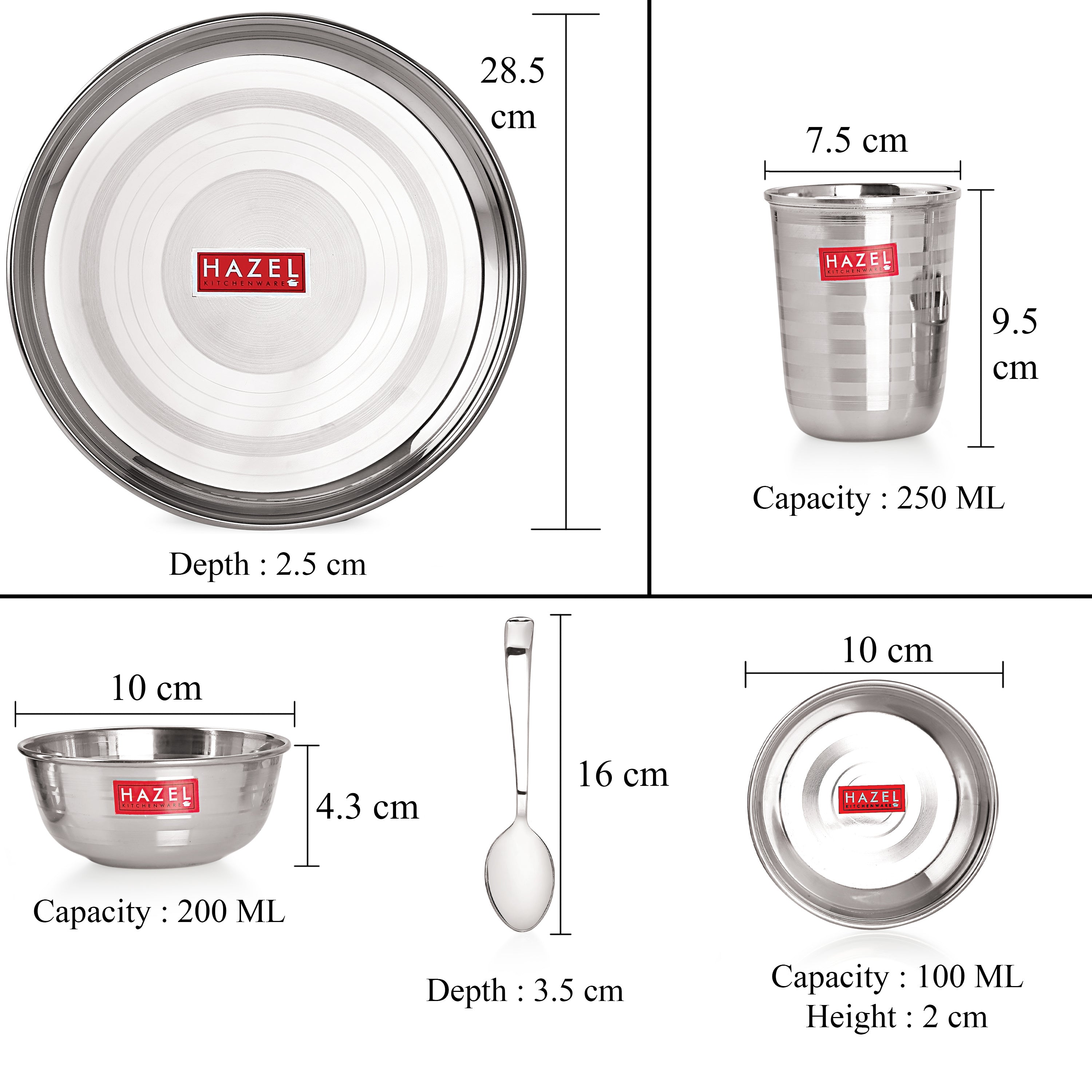 Stainless Steel Dinner Set Of 36(6 Steel Plate, 12 Serving Bowl, 6 Spoon Set, 6 Dessert Plate, 6 Steel Glass)