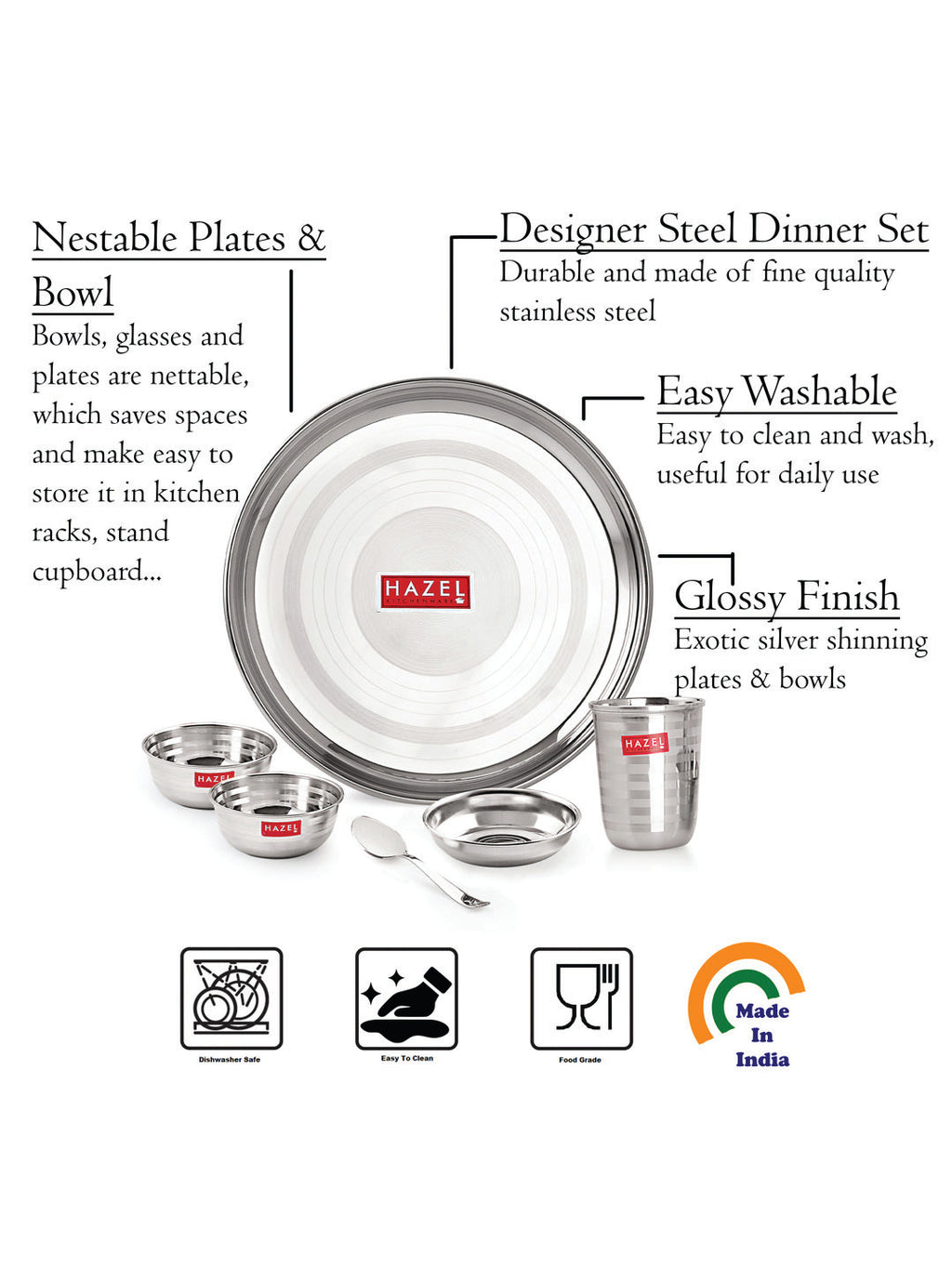 Stainless Steel Dinner Set Of 36(6 Steel Plate, 12 Serving Bowl, 6 Spoon Set, 6 Dessert Plate, 6 Steel Glass)