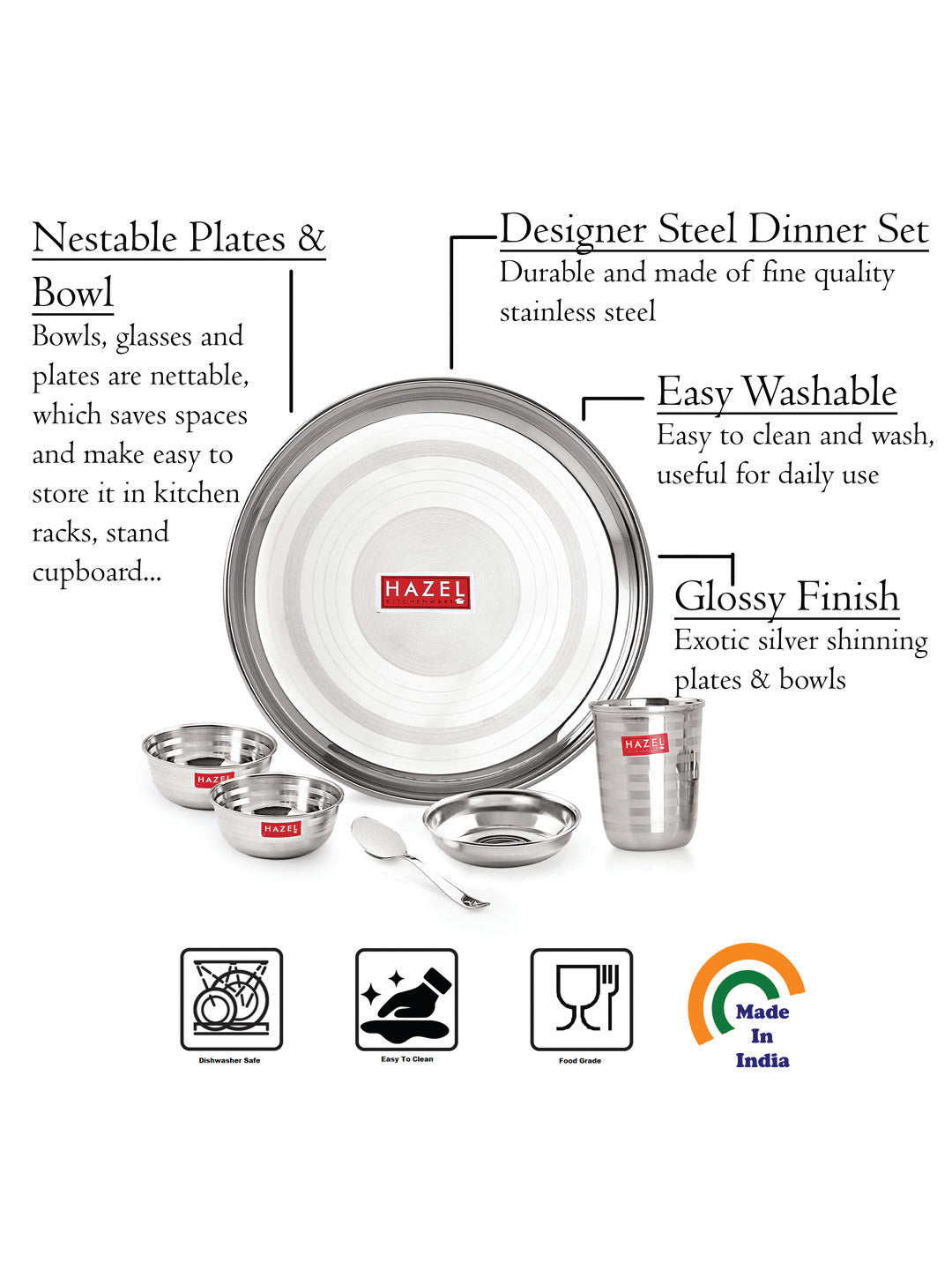 Stainless Steel Dinner Set Of 36(6 Steel Plate, 12 Serving Bowl, 6 Spoon Set, 6 Dessert Plate, 6 Steel Glass)