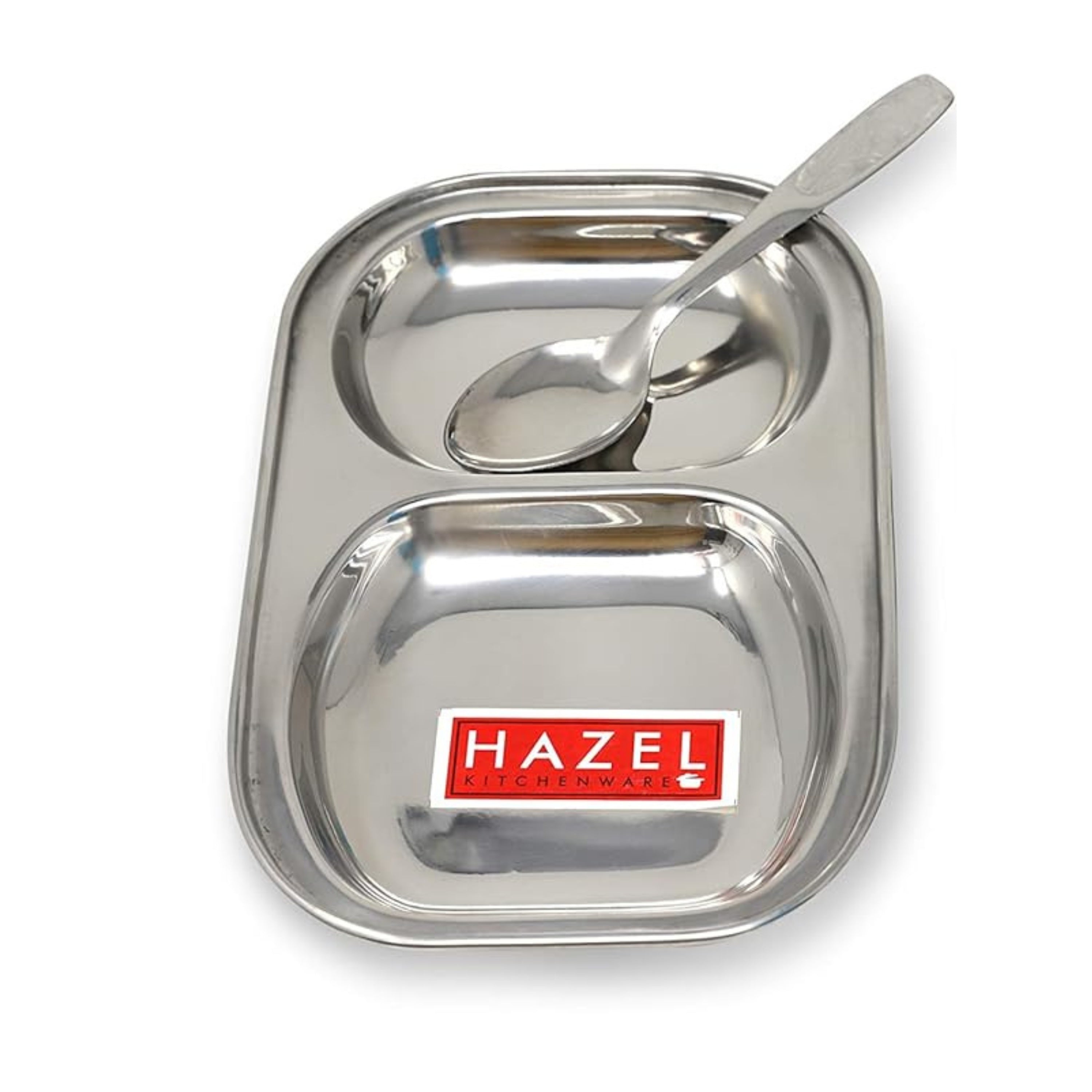 Stainless Steel 2 Section Plate with Spoon, Divided Mess Tray