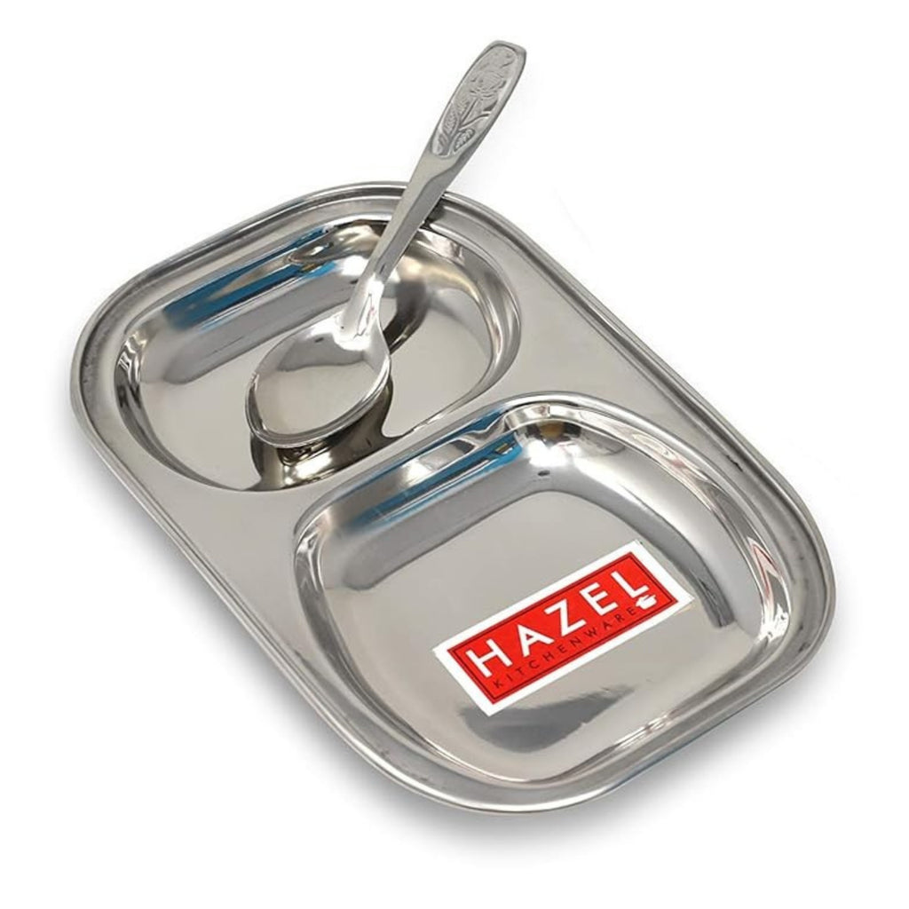 Stainless Steel 2 Section Plate with Spoon, Divided Mess Tray