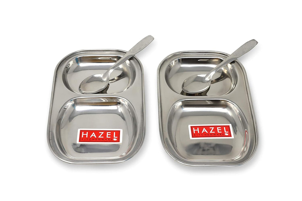 Stainless Steel 2 Section Plate Set with 2 Spoons, Divided Tray Set of 4