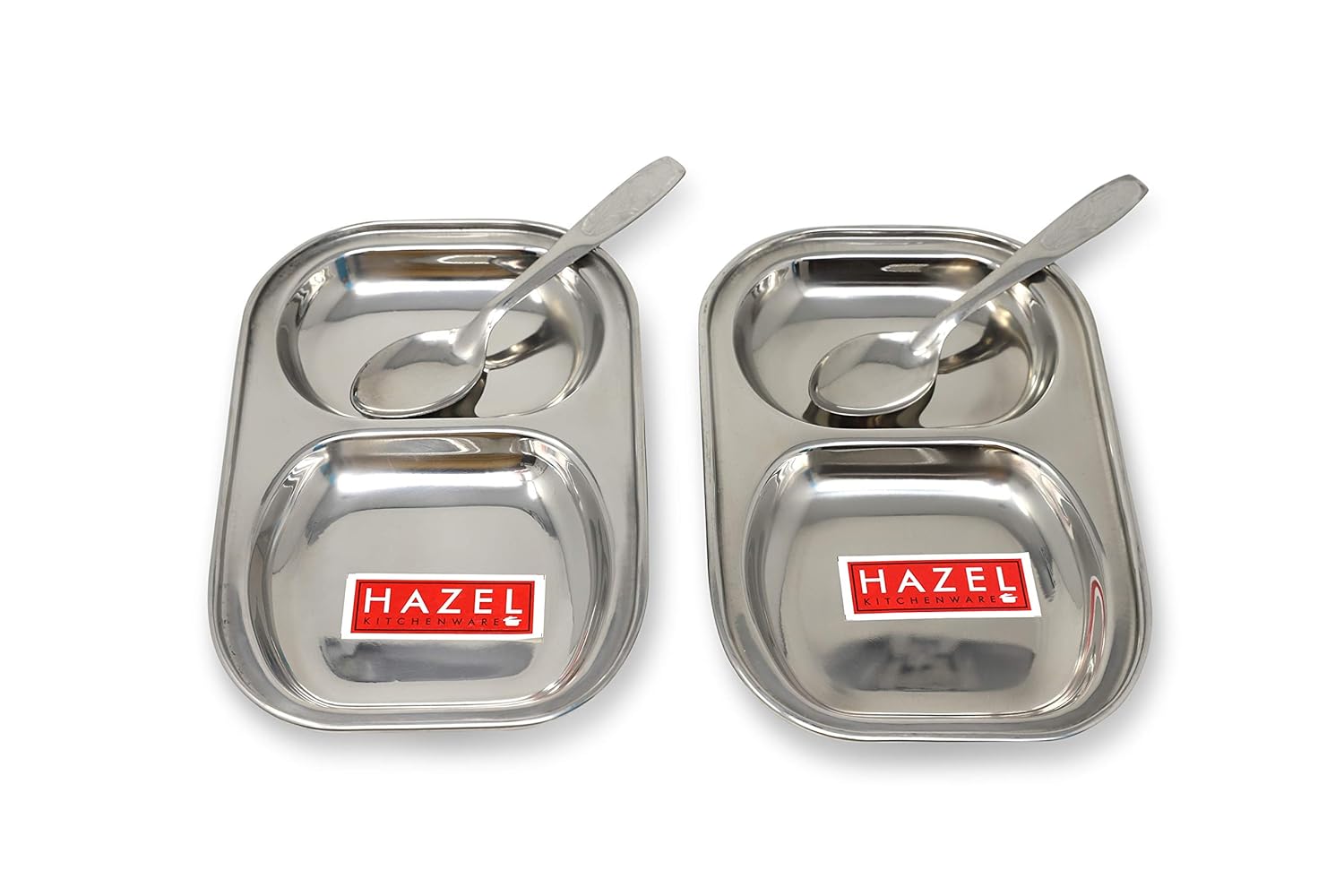 Stainless Steel 2 Section Plate Set with 2 Spoons, Divided Tray Set of 4