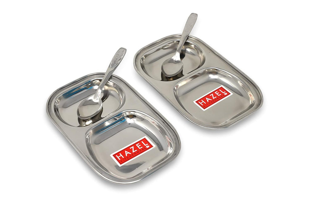 Stainless Steel 2 Section Plate Set with 2 Spoons, Divided Tray Set of 4