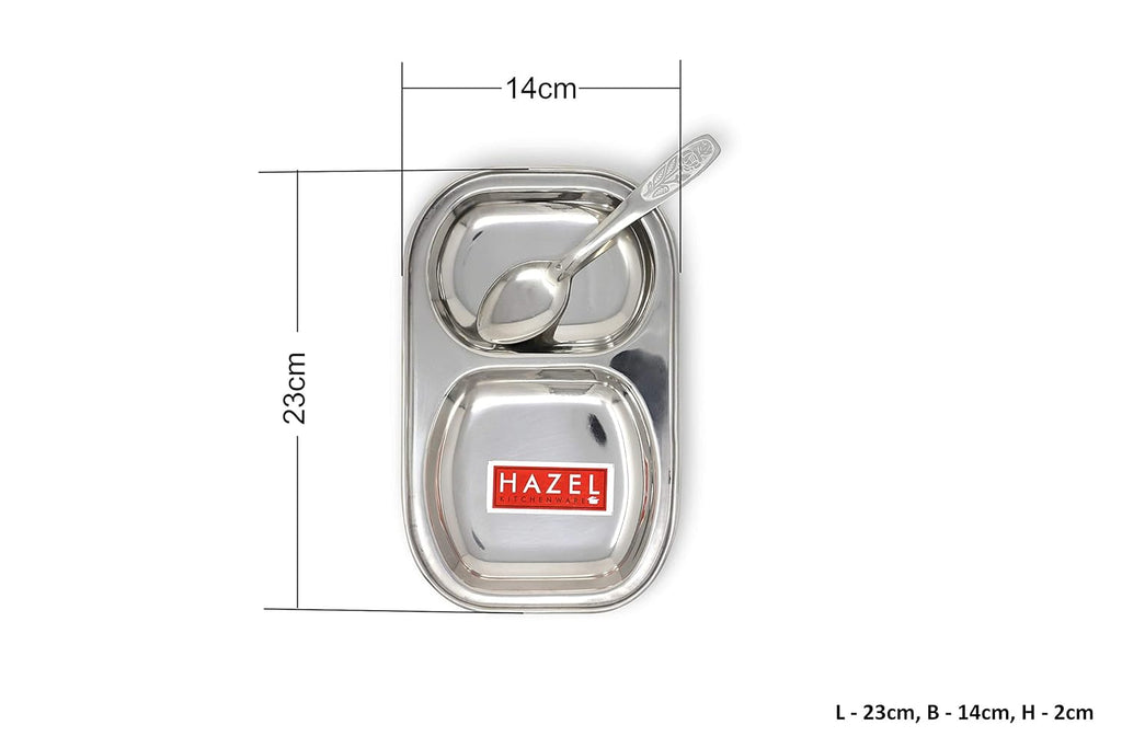 Stainless Steel 2 Section Plate Set with 2 Spoons, Divided Tray Set of 4