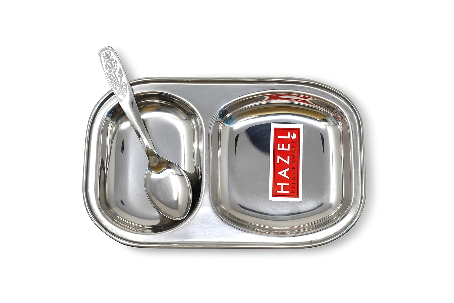 Stainless Steel 2 Section Plate Set with 2 Spoons, Divided Tray Set of 4