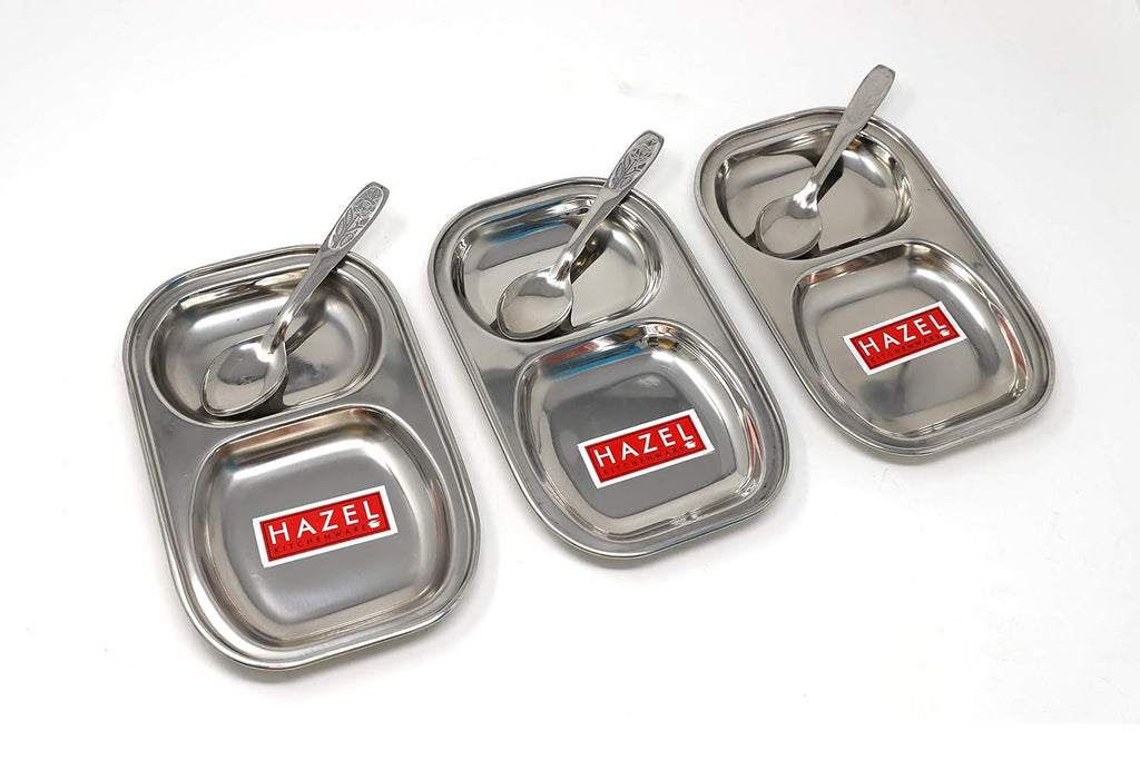 Stainless Steel Rectangle Plate Set of 3 with 3 Spoons, 2 Section Plates