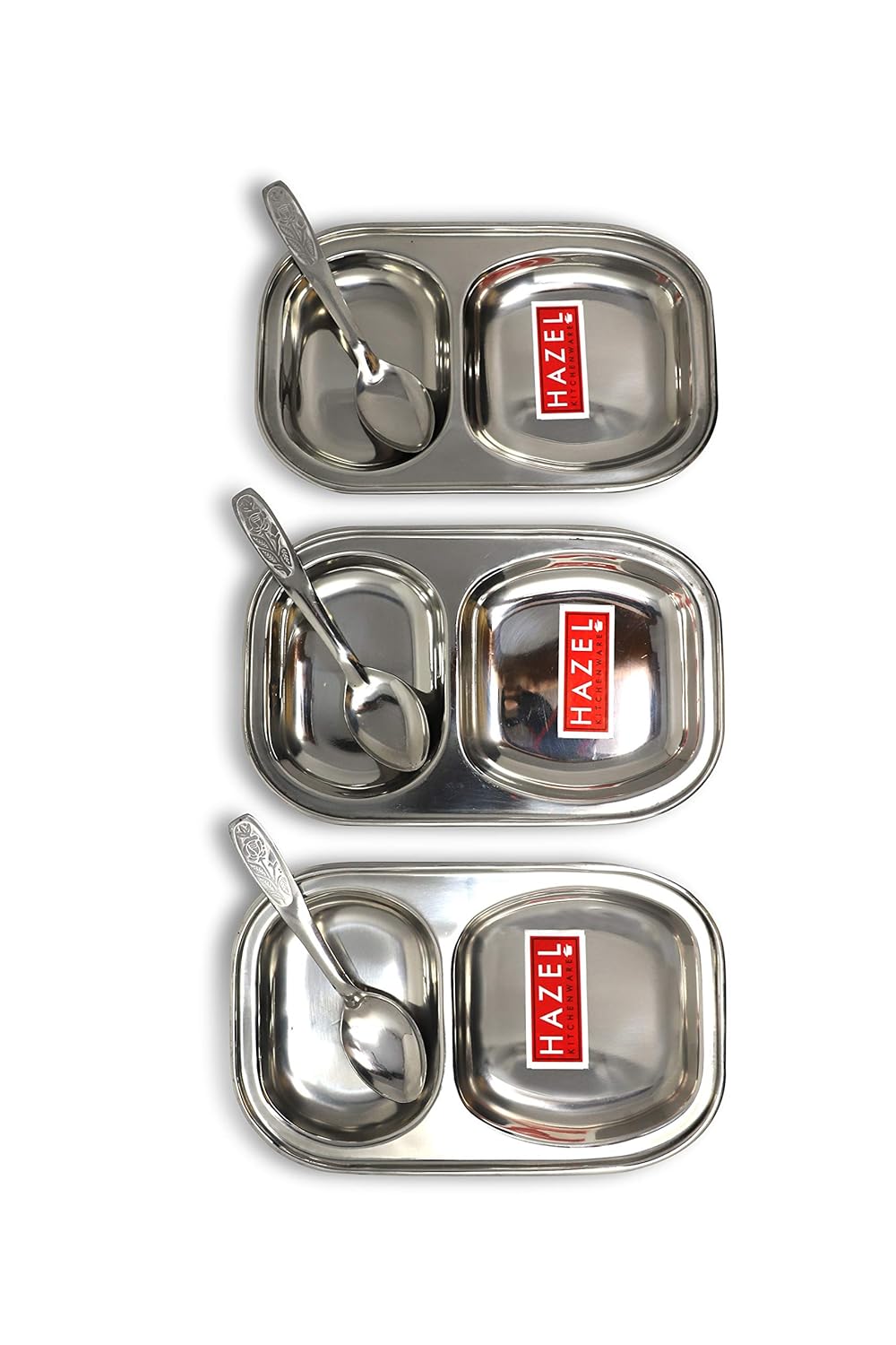 Stainless Steel Rectangle Plate Set of 3 with 3 Spoons, 2 Section Plates