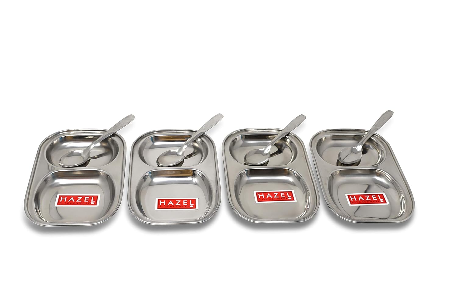 Stainless Steel Divided Plate Set of 4 with 4 Spoons, 2 Section Plates