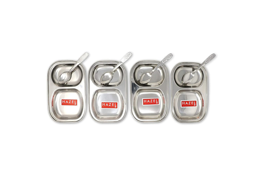 Stainless Steel Divided Plate Set of 4 with 4 Spoons, 2 Section Plates