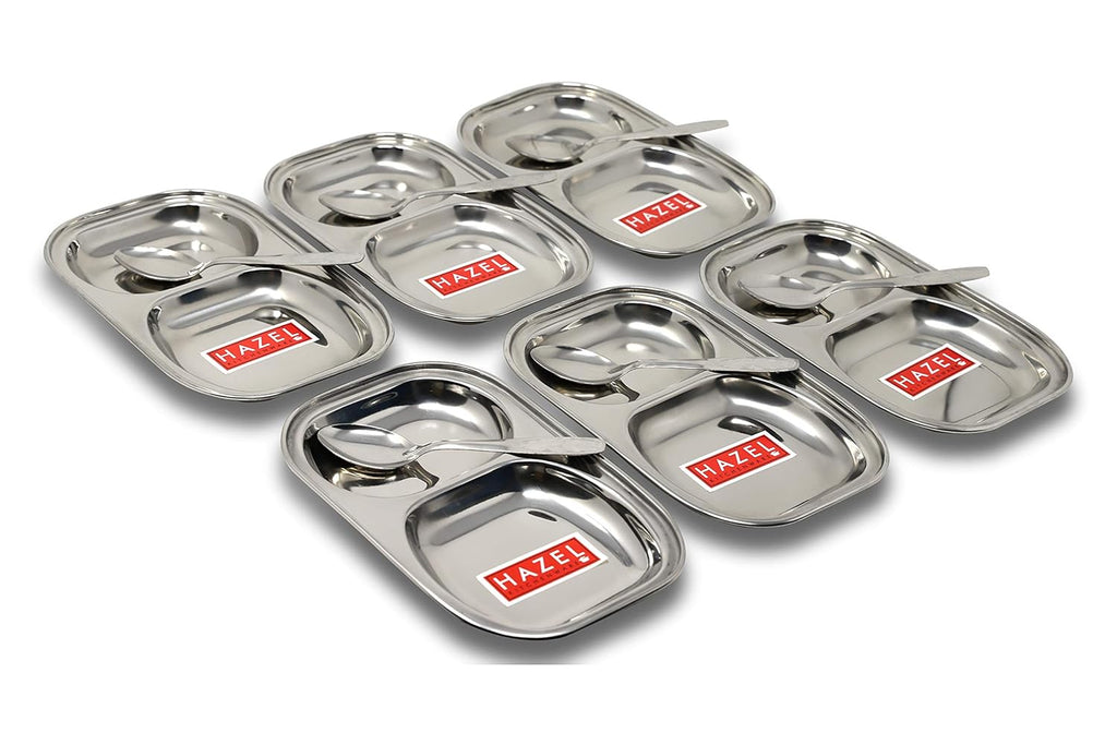 Stainless Steel 2 Section Plate Set of 6 with 6 Spoons, Mess Tray