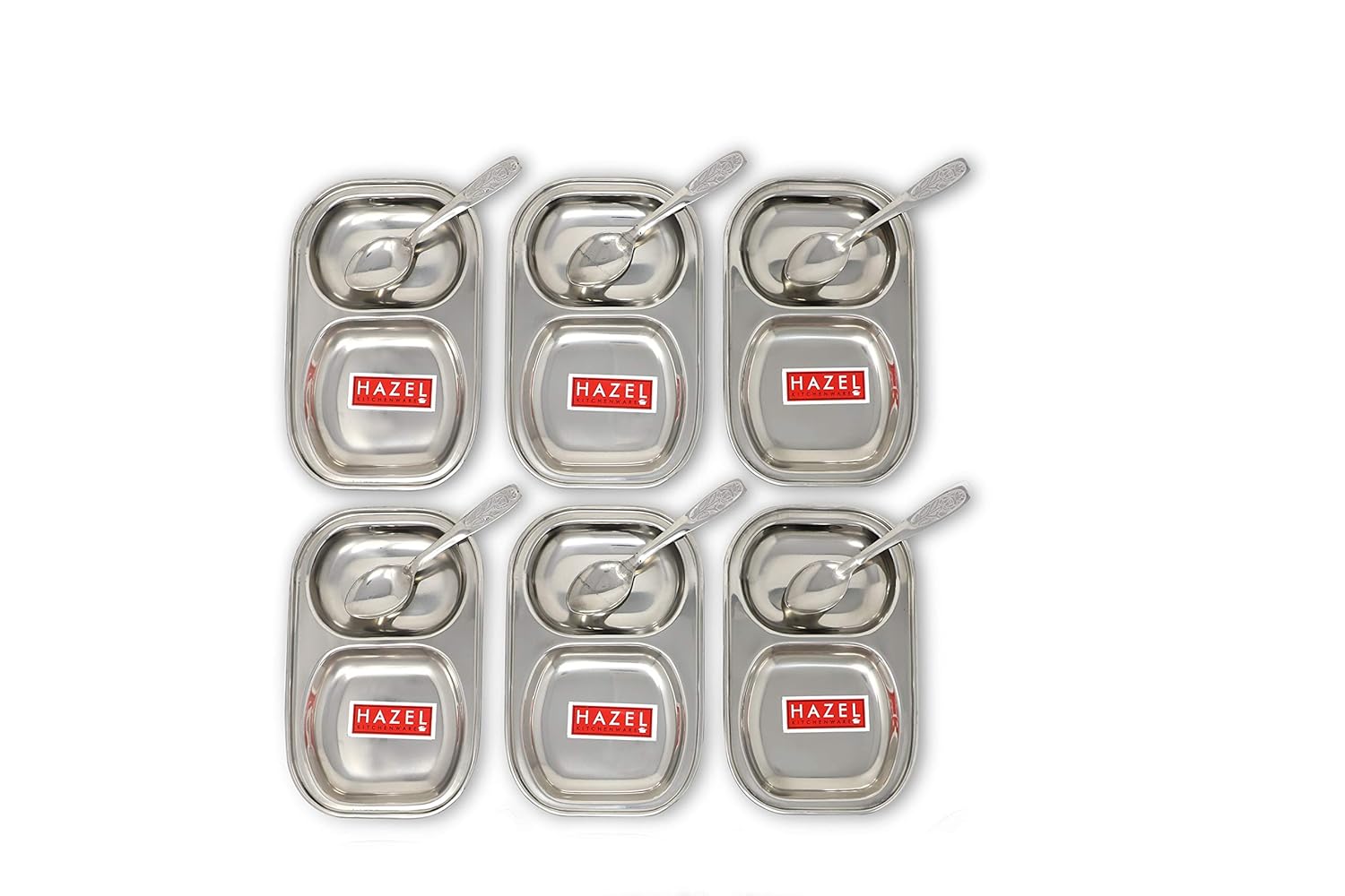 Stainless Steel 2 Section Plate Set of 6 with 6 Spoons, Mess Tray