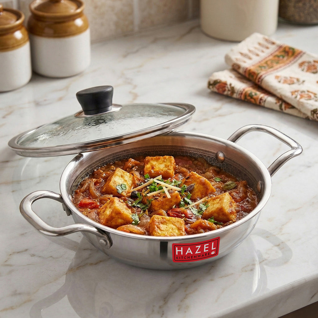 Honeycomb Triply Steel Kadhai with Glass Lid – 22 cm, 2 L