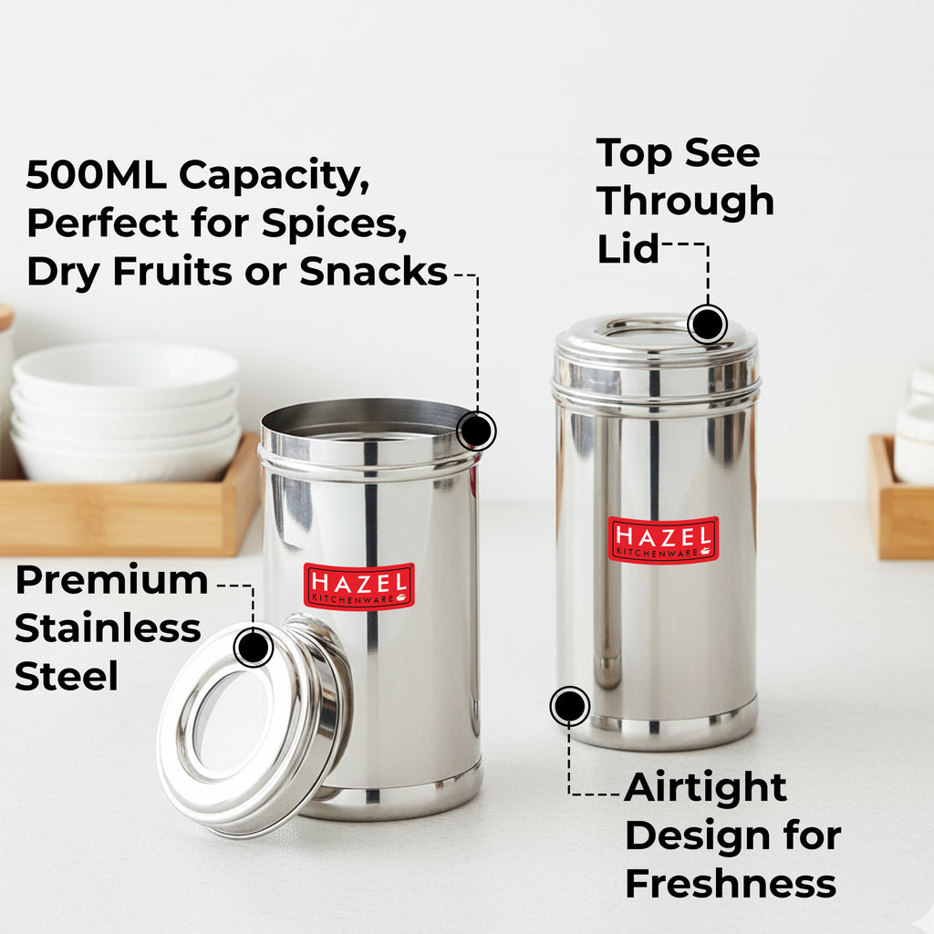 Stainless Steel Storage Containers, Airtight Spice Jars, 500ml, Set of 2