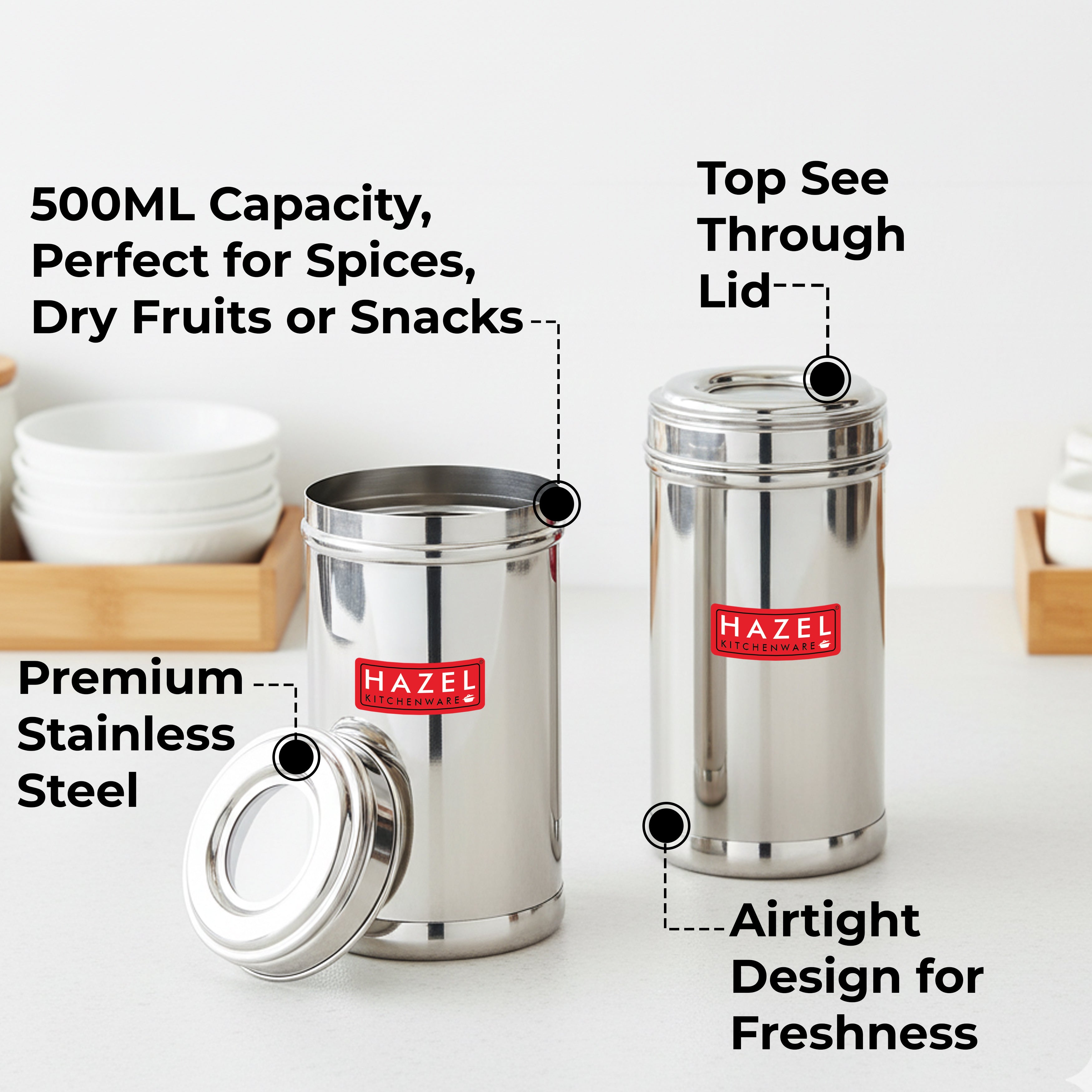Stainless Steel Storage Containers, Airtight Spice Jars, 500ml, Set of 2