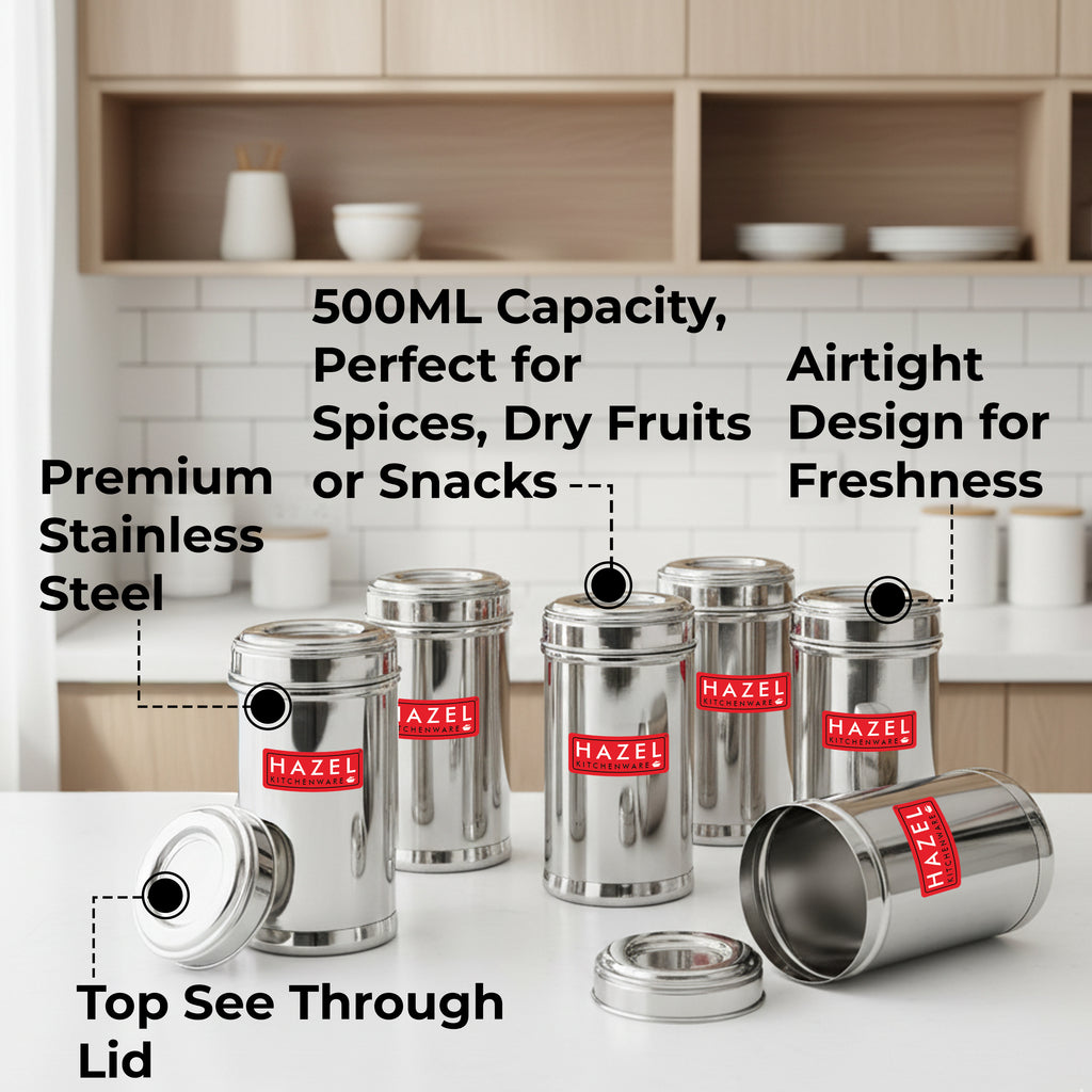 Stainless Steel Storage Containers, Airtight Spice Jars, 500ml, Set of 6