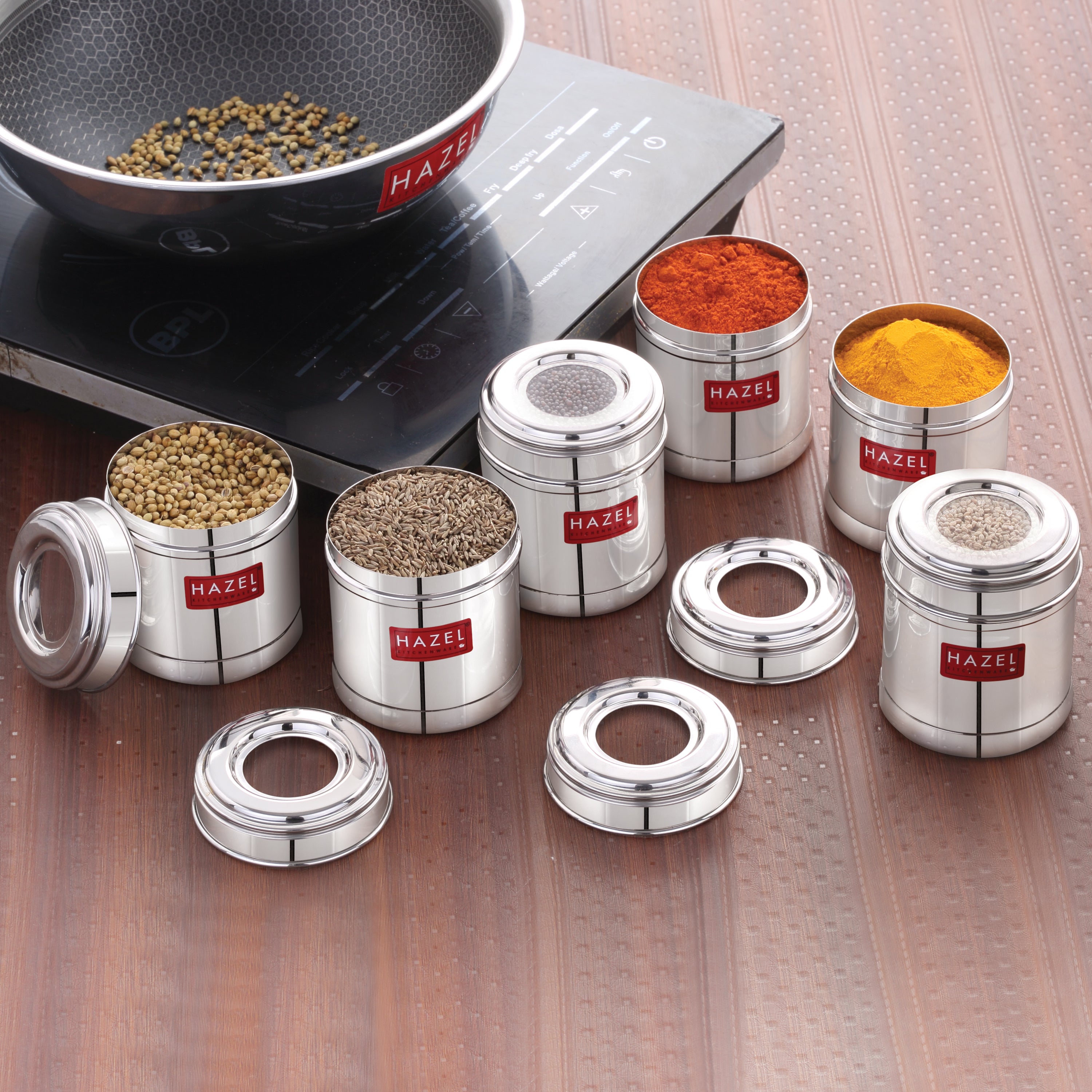 Stainless Steel Kitchen Containers 300ml Set of 6, Airtight Spice Jars