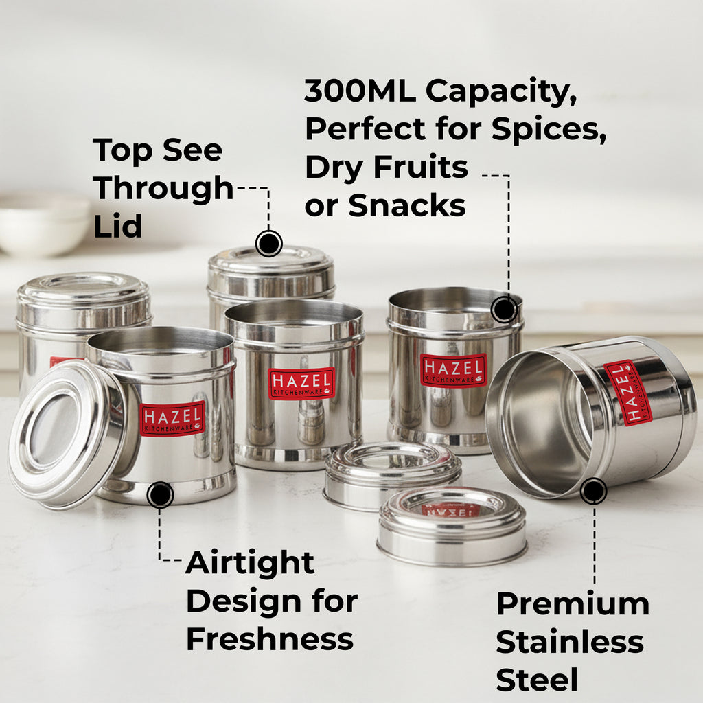 Stainless Steel Kitchen Containers 300ml Set of 6, Airtight Spice Jars
