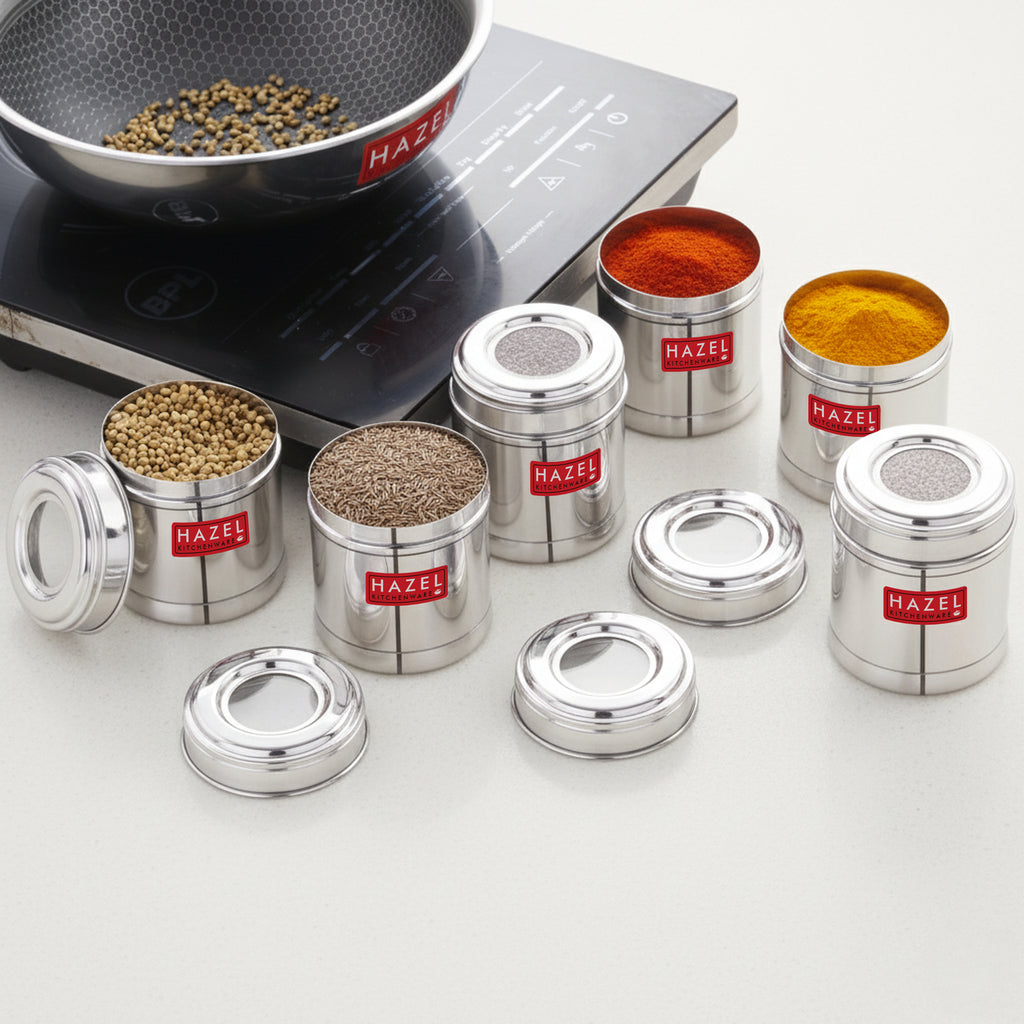 Stainless Steel Kitchen Containers 300ml Set of 6, Airtight Spice Jars