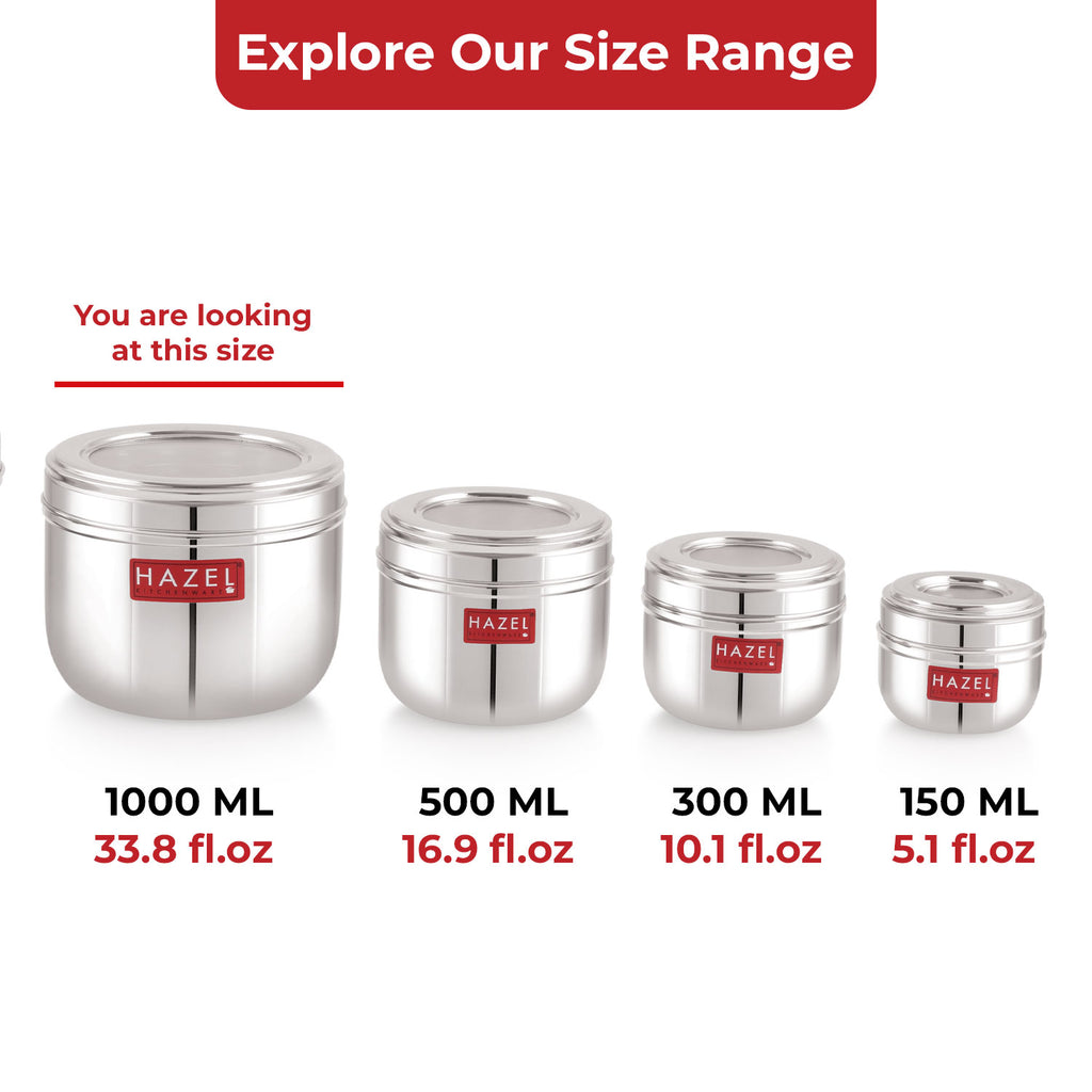 See Through Steel Container, Stainless Steel Kitchen Storage, 1000ml, Set of 6