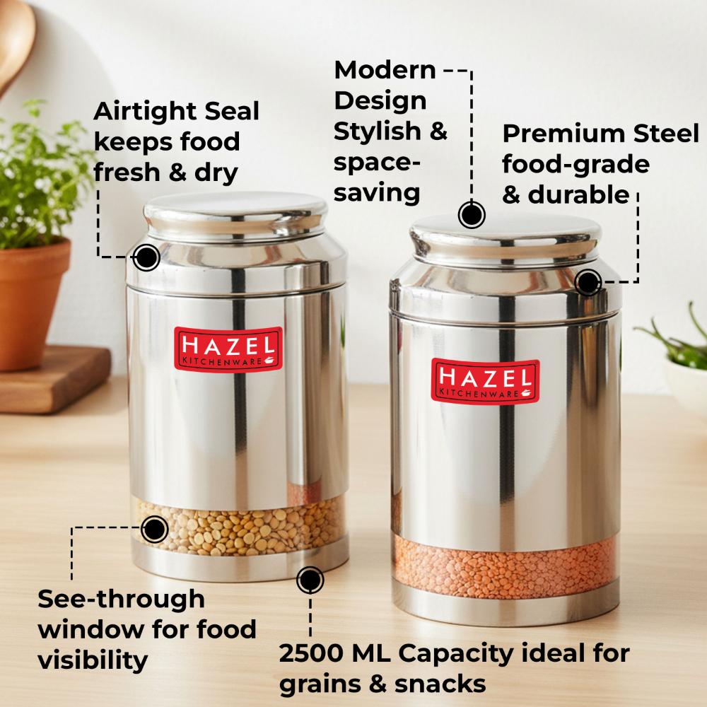 Stainless Steel Airtight Storage Jar, Kitchen Container, 2500 ml, Set of 2