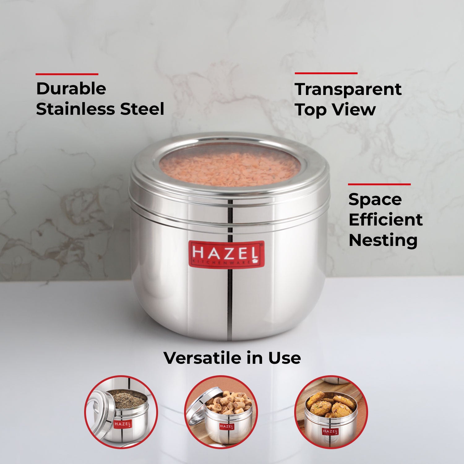 Stainless Steel Transparent Lid Containers, 500 ml (Set of 2)