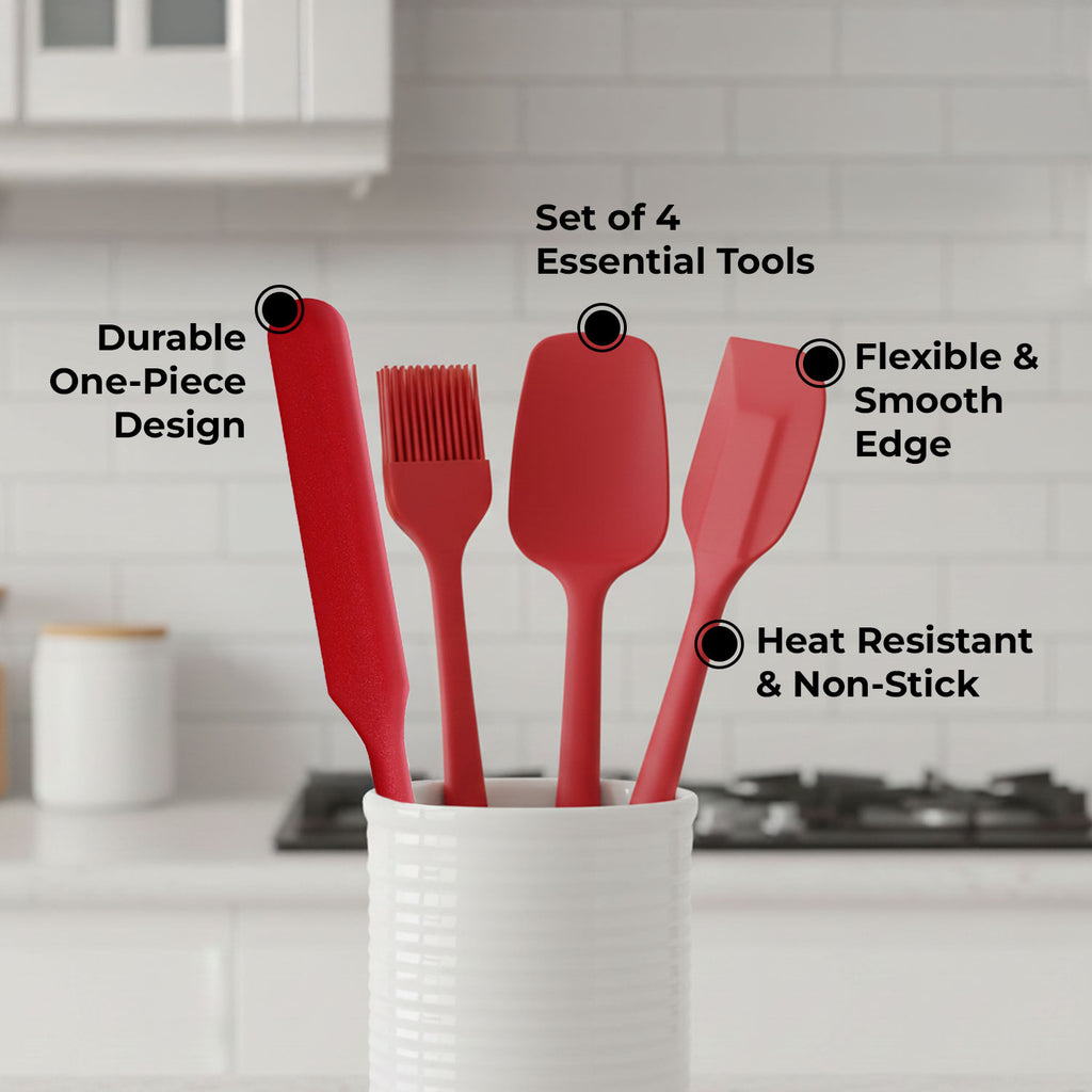 Silicone Baking Tool Set of 4, Spatula, Brush, Spoonula & Icing Knife