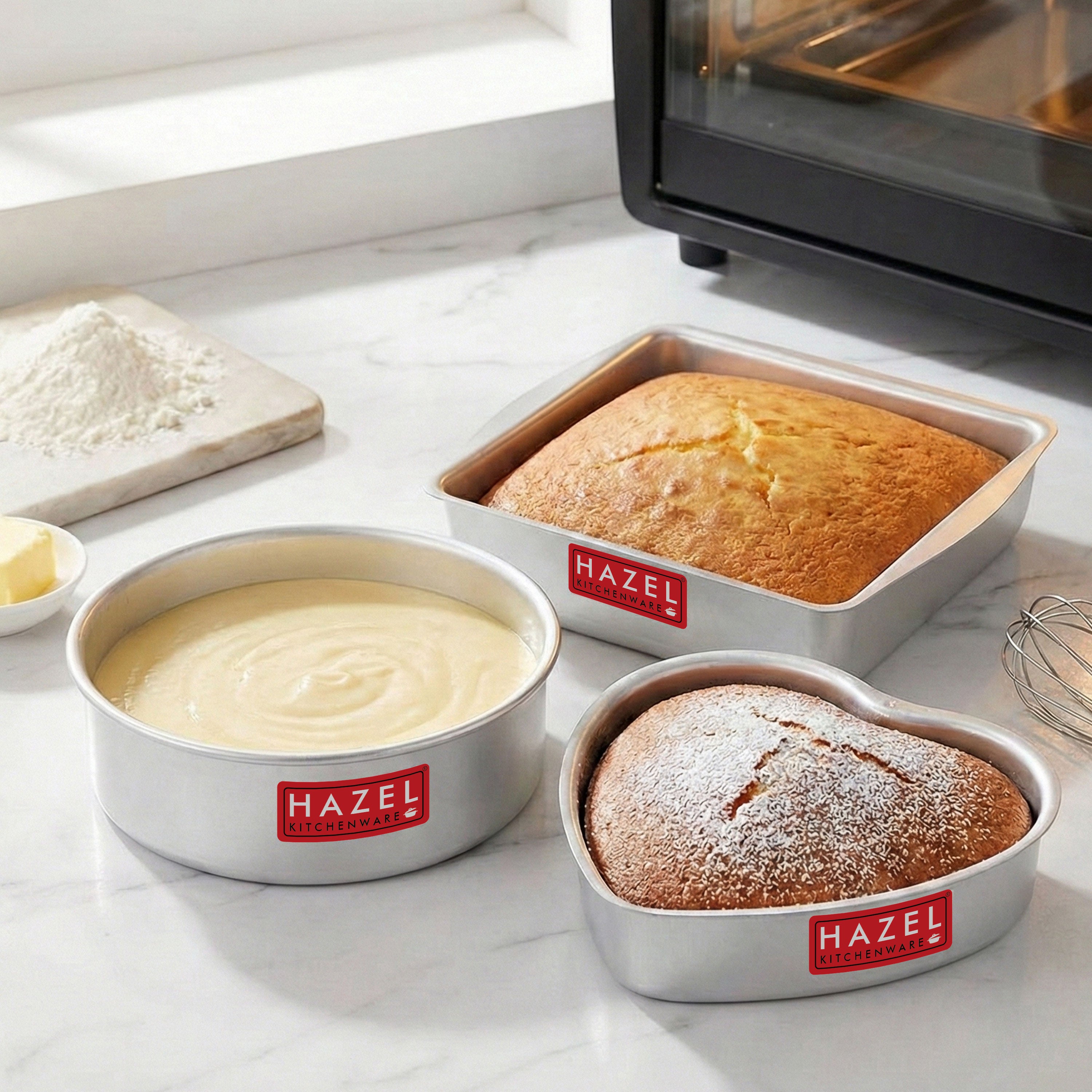 Aluminium Square, Round & Heart Shape Cake Mould, Set of 3