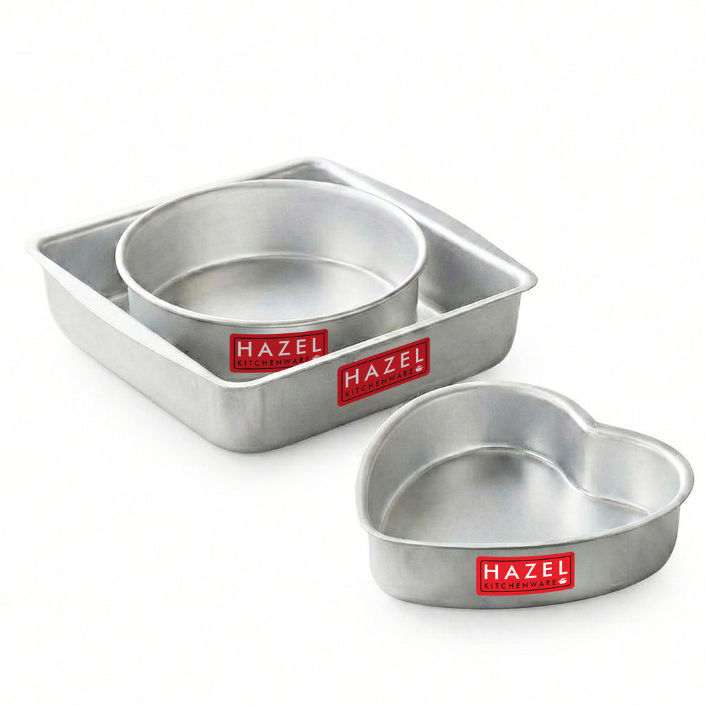 Aluminium Square, Round & Heart Shape Cake Mould, Set of 3