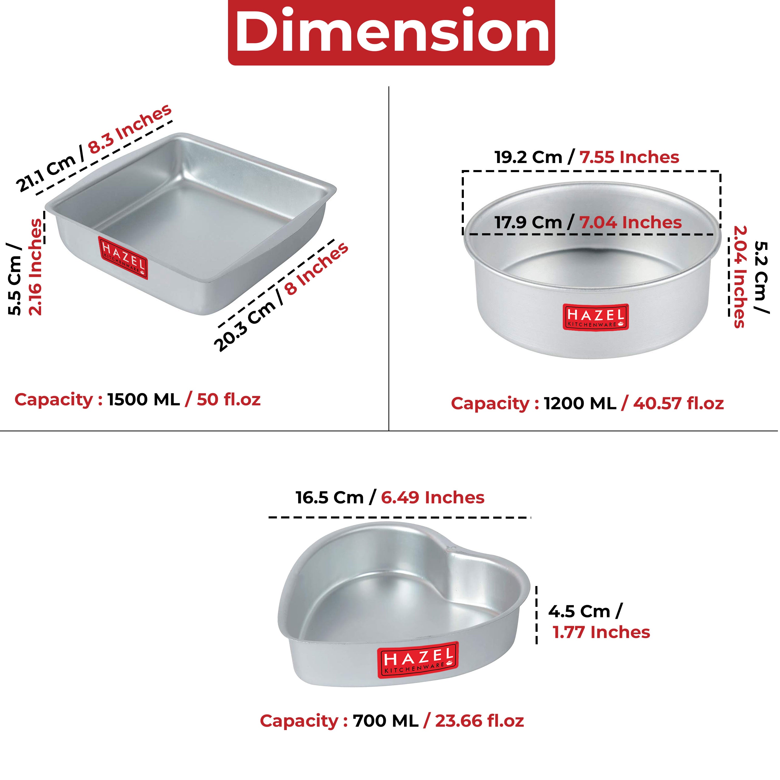 Aluminium Square, Round & Heart Shape Cake Mould, Set of 3