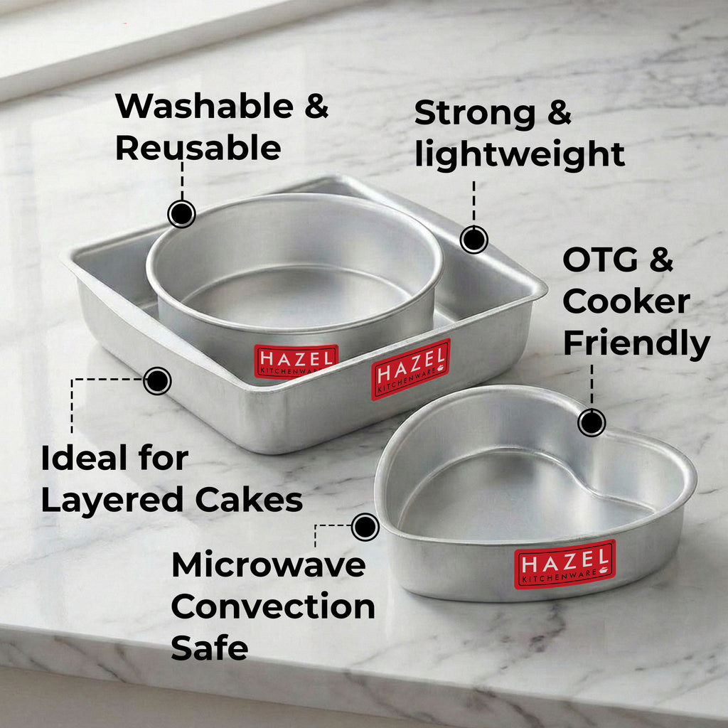 Aluminium Square, Round & Heart Shape Cake Mould, Set of 3