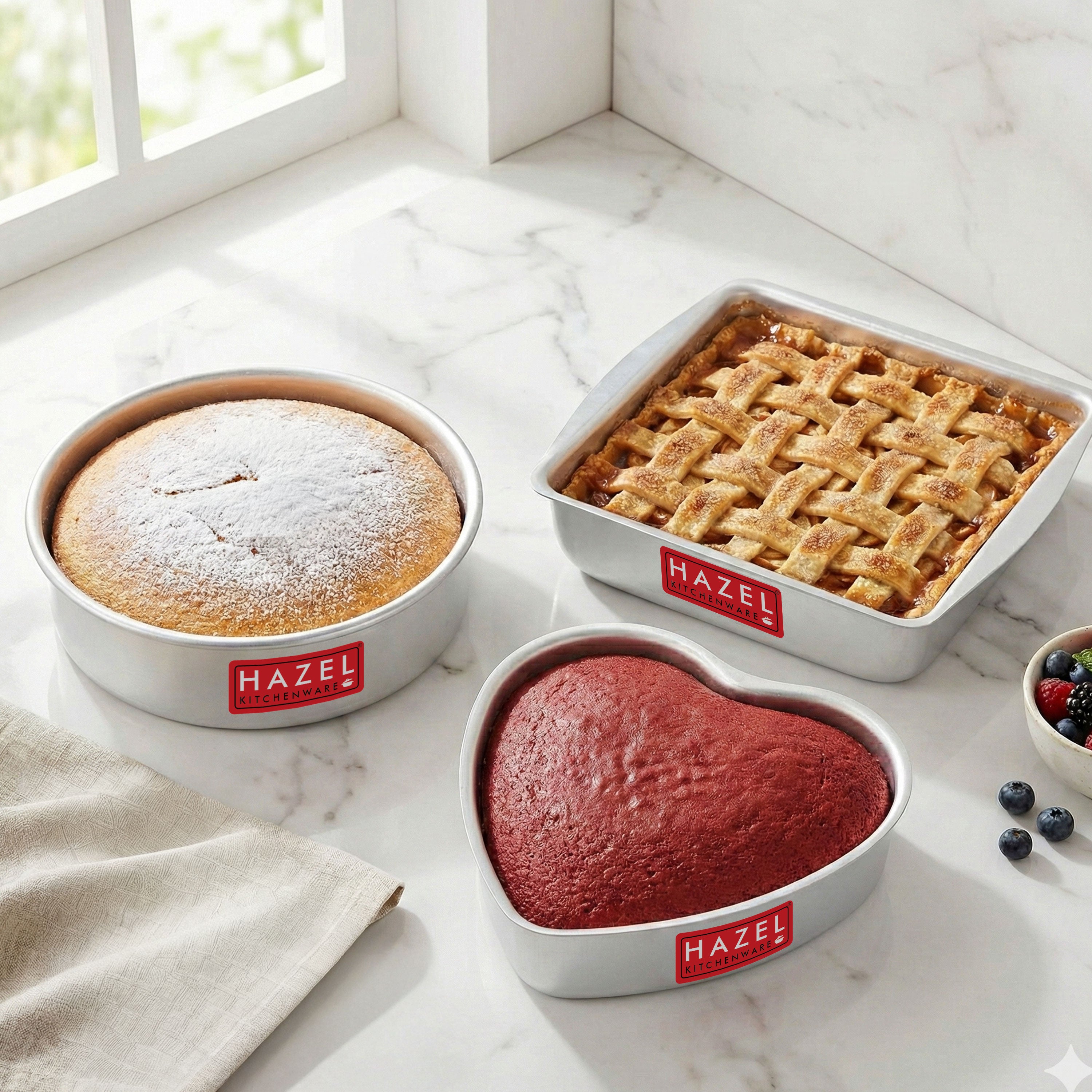 Aluminium Square, Round & Heart Shape Cake Mould, Set of 3