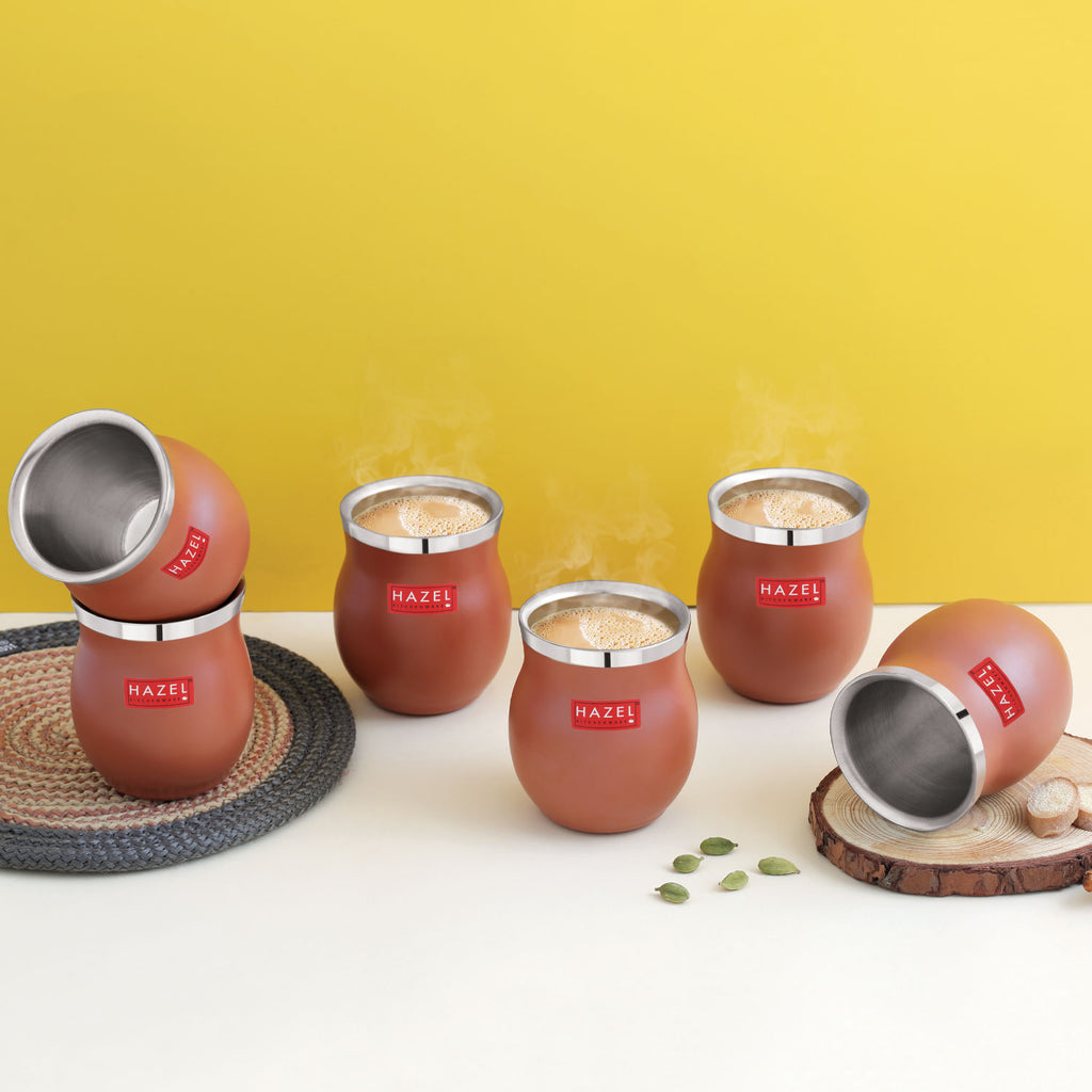 Double Wall Matte Brown Stainless Steel Kullad Glass,150 ML,Set Of 6
