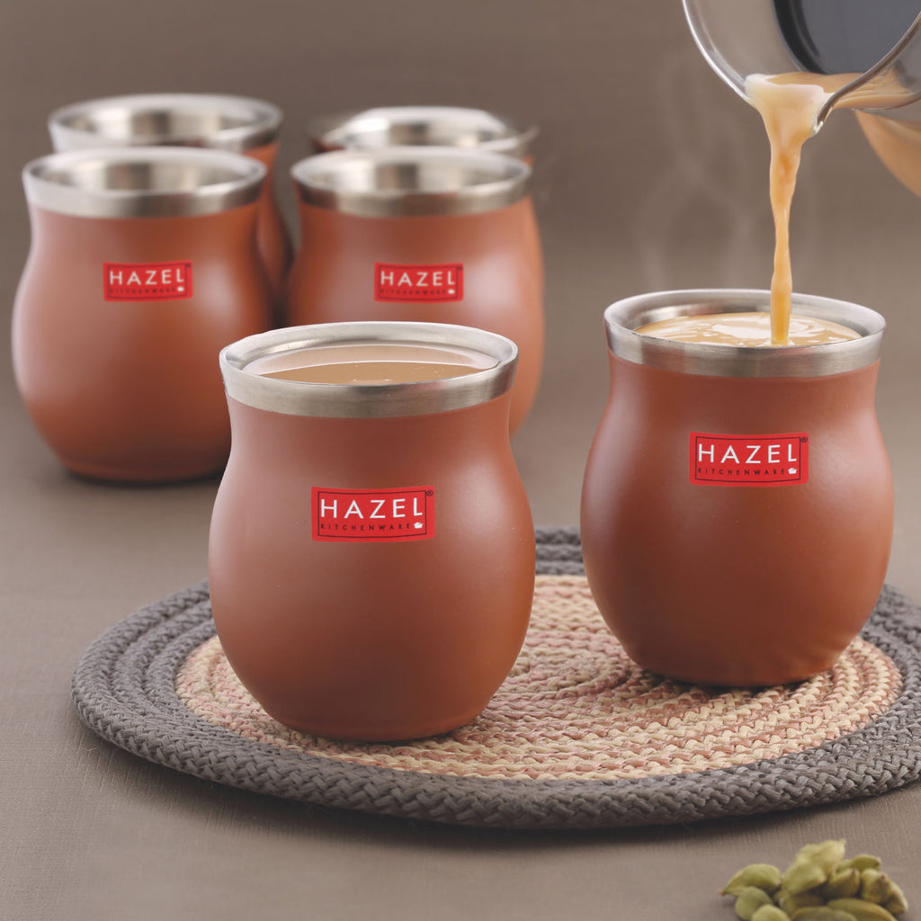 Double Wall Matte Brown Stainless Steel Kullad Glass,150 ML,Set Of 6