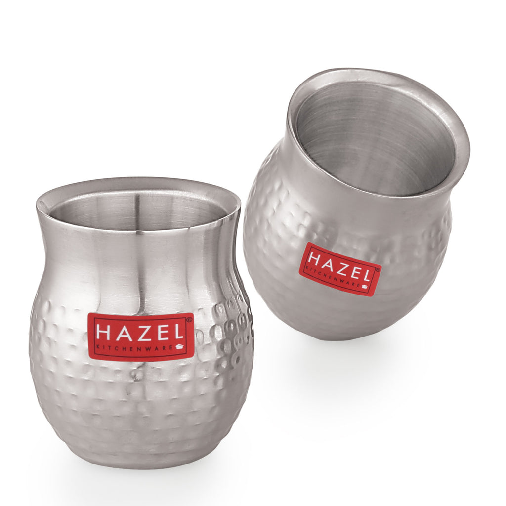 Double Wall Hammered Stainless Steel Kullad Glass, 150 ML, Set Of 2