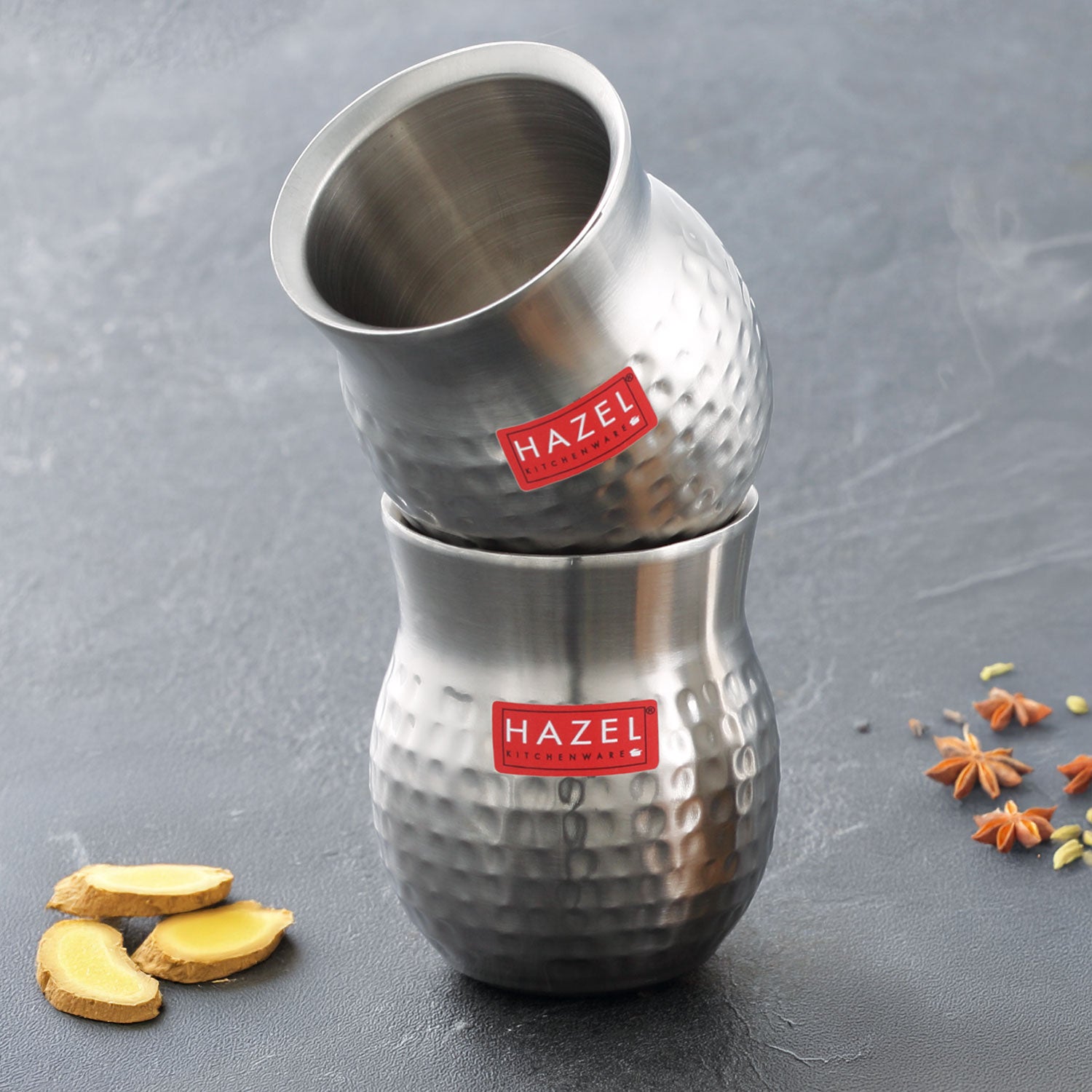 Double Wall Hammered Stainless Steel Kullad Glass, 150 ML, Set Of 2