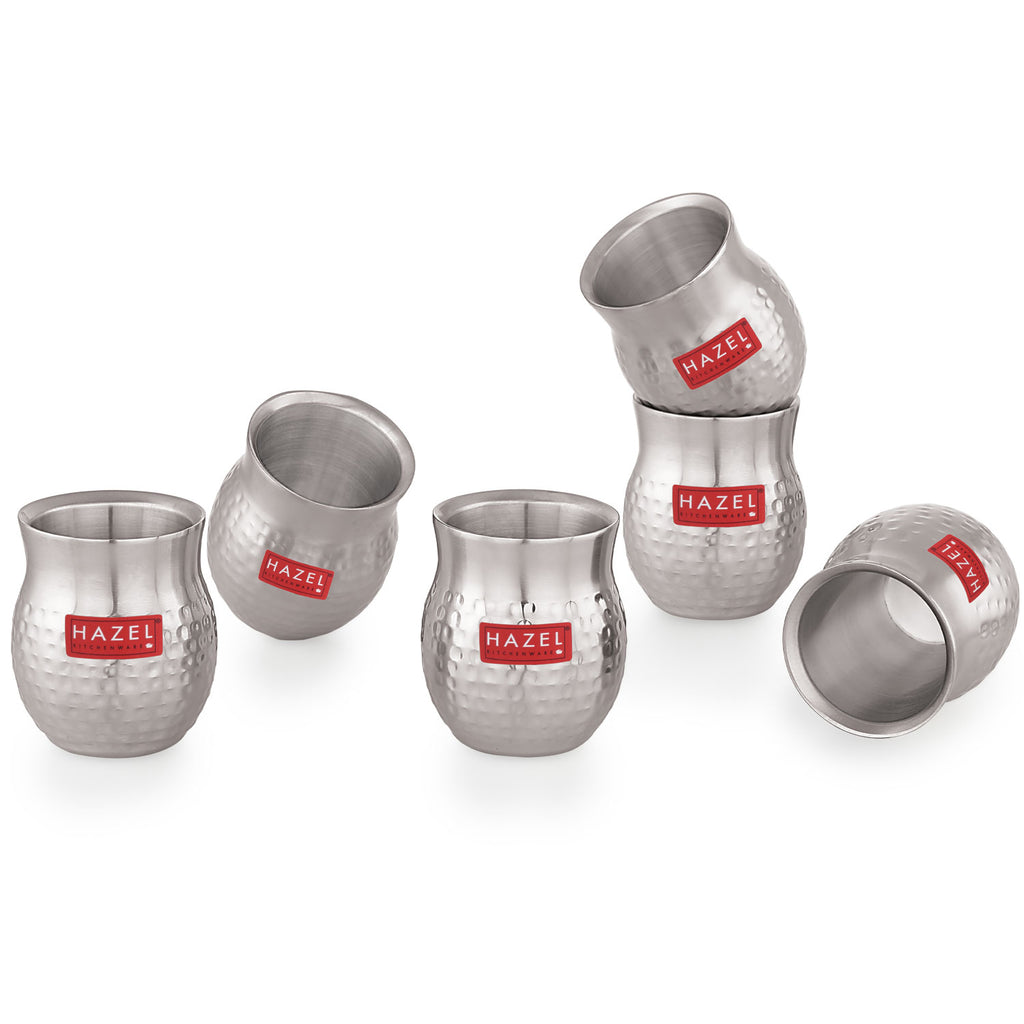 Double Wall Hammered Stainless Steel Kullad Glass, 150 ML, Set Of 6