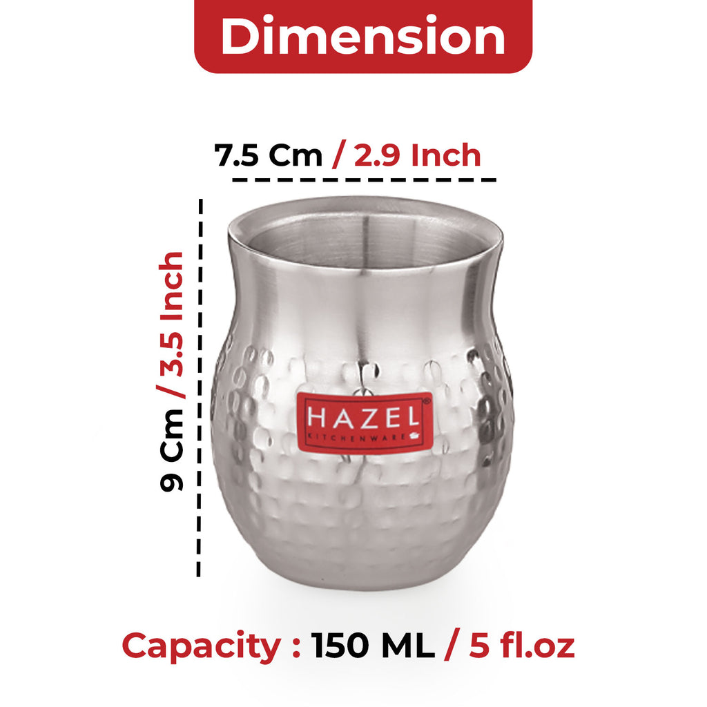 Double Wall Hammered Stainless Steel Kullad Glass, 150 ML, Set Of 6