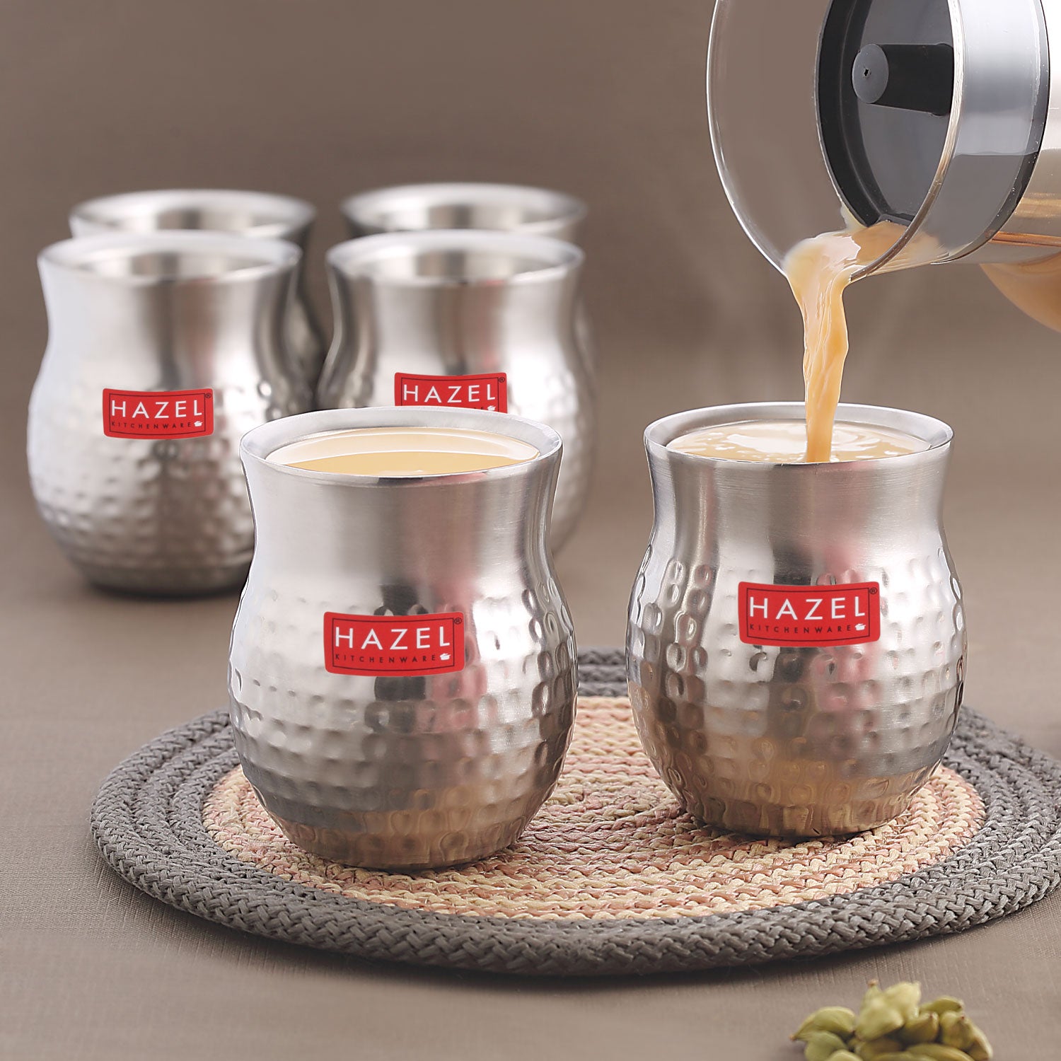 Double Wall Hammered Stainless Steel Kullad Glass, 150 ML, Set Of 6