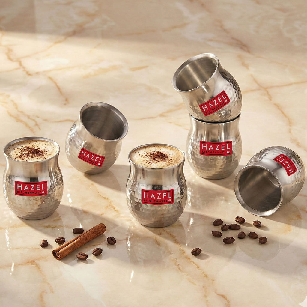 Double Wall Hammered Stainless Steel Kullad Glass, 150 ML, Set Of 6