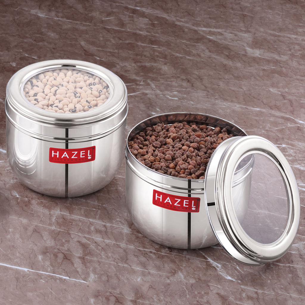1000 ml Steel Container, Transparent Lid Kitchen Jar, Set of 2